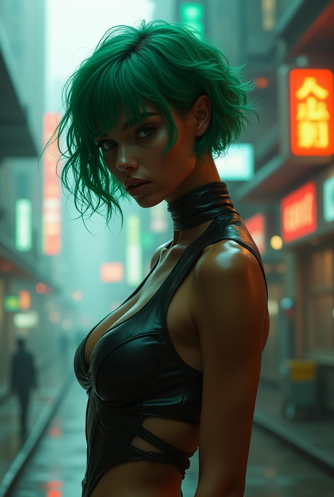 cyberpunk ultra hot gorgeous European woman. Age 23. Large breast. Cleavage with neon green hair, walking through a rain-soaked alley, her silhouette outlined by the vibrant neon signs of a futuristic cityscape, 8k resolution, photorealistic, cinematic lighting.