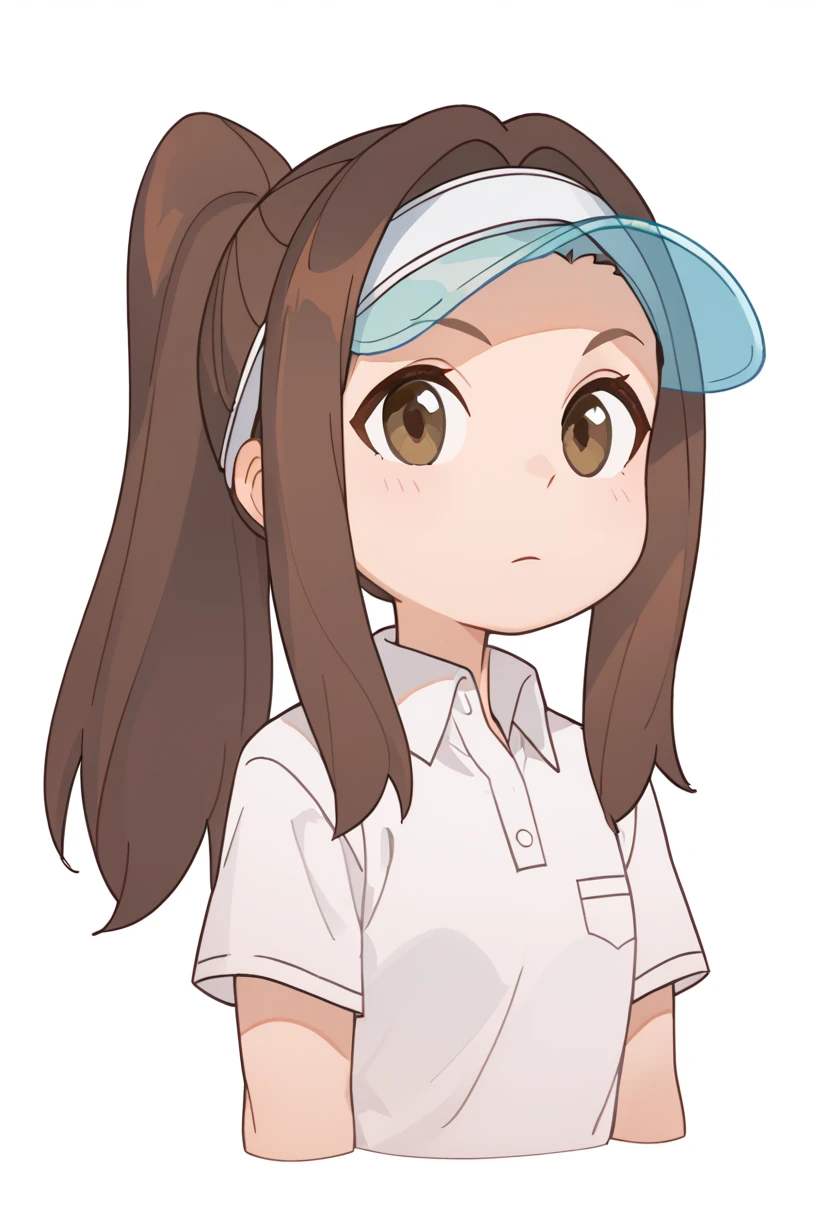 score_9, score_8_up, score_7_up, score_6_up, score_5_up, score_4_up, show accurate, (((upper body))), (solo), white background, Minamine, long hair, ponytail, collared shirt, visor cap