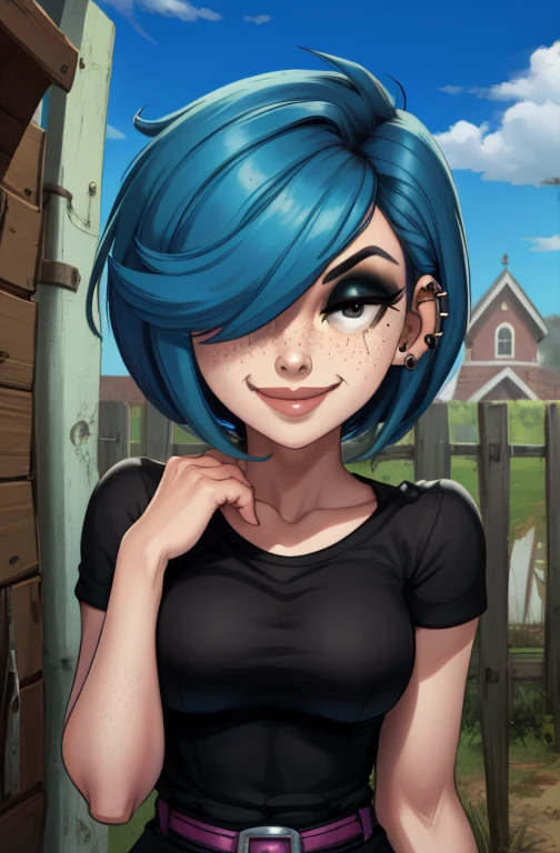 MarieK,short blue hair,ear piercing,hair over one eye,freckles,black eyes,makeup,
standing,smiling,  upper body, 
black shirt,black wristbands,midriff,belt, 
picket fence,morning, solo, 
(insanely detailed, beautiful detailed face, masterpiece, best quality) 
 