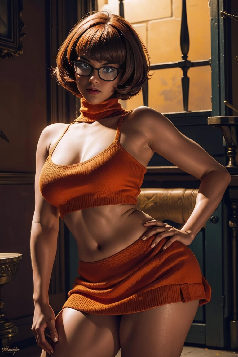 sexy Velma from Scooby Doo with big and square glasses wearing a extremely short orange skirt , naughty, slutty, cleavage, in a haunted house, athletic and fit body, naughty, perfect hands, detailed hands, perfect eyes, detailed eyes, flirty, sexy, naughty, large perky , realistic, HDR, UHD, dynamic bent over with her tits hanging