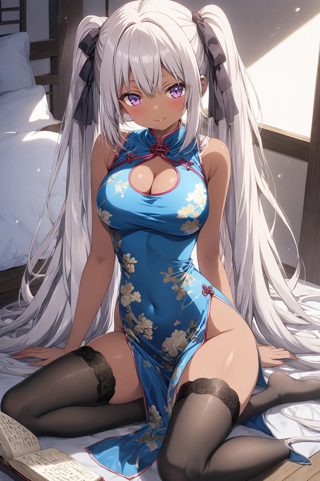 source_anime, best quality, masterpiece, a pretty anime girl is reading a book and holding a fan, 1girl, ((loli)),solo, dress, breasts, long hair, silver hair, bare shoulders, pelvic curtain, sleeveless, barefoot, cleavage, bare arms, looking at viewer, sleeveless dress, white china dress, thighs, , cleavage cutout, twintails, china dress, very long hair, chinese clothes, parted lips,clothing cutout, navel, large breasts, thighhighs,((dark skin)), smile,