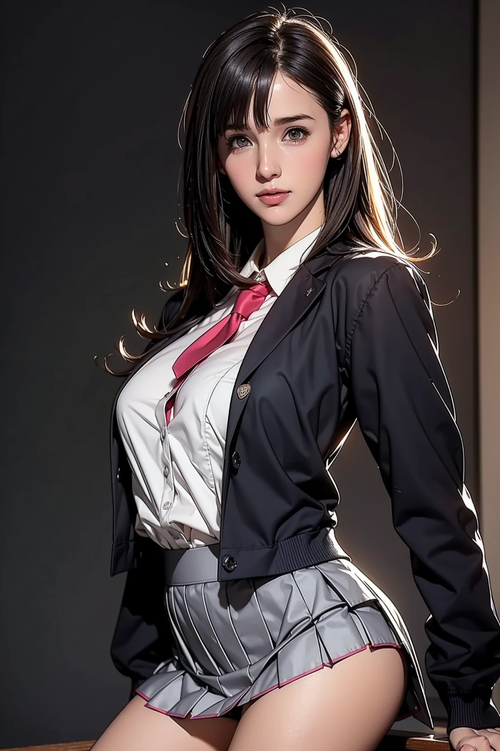 best quality, masterpiece, 1girl, Beautiful face, (photo realistic:1.3), rim lighting, (high detailed skin:1.2), 8k uhd, dslr, high quality, high resolution, 4k, 8k, Bokeh, absurdres, best ratio four finger and one thumb, (realistic:1.3), cute 1girl, wearing black formal blazer, medium breasts, short skirt,