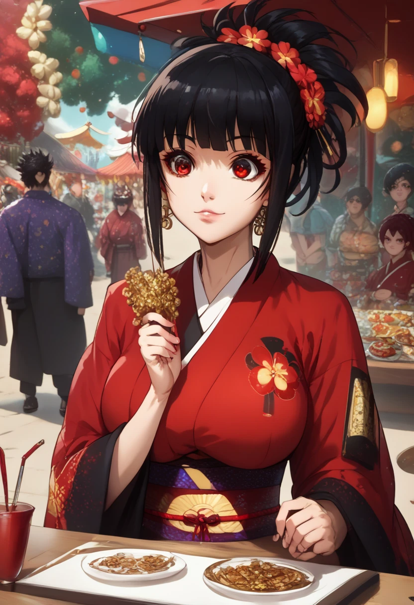 (( top quality )), (( masterpieces )), (Familiar with),  perfect face, eyelash, Big eyes, background, Festival, Kakegurui, Yumiko, Bangs, Black hair, Red eyes,  black eye, SPARKLING GLITTER, Add the red hibiscus kimono, cute, Big Breasts