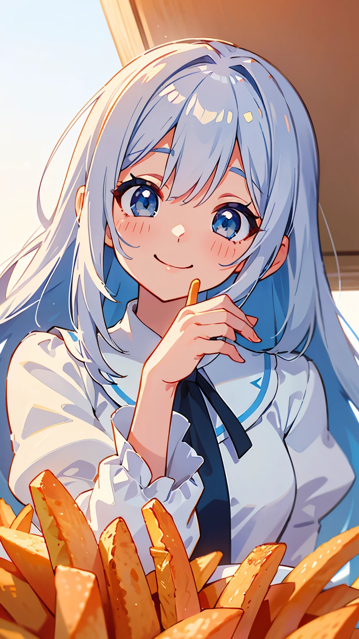  upper body closeup、 best quality、cute、One personの女の子、One person、Silver colored hair、 Long Hair、Beautiful Blue Eyes、smile、Eat French fries deliciously、Golden Hour Sky