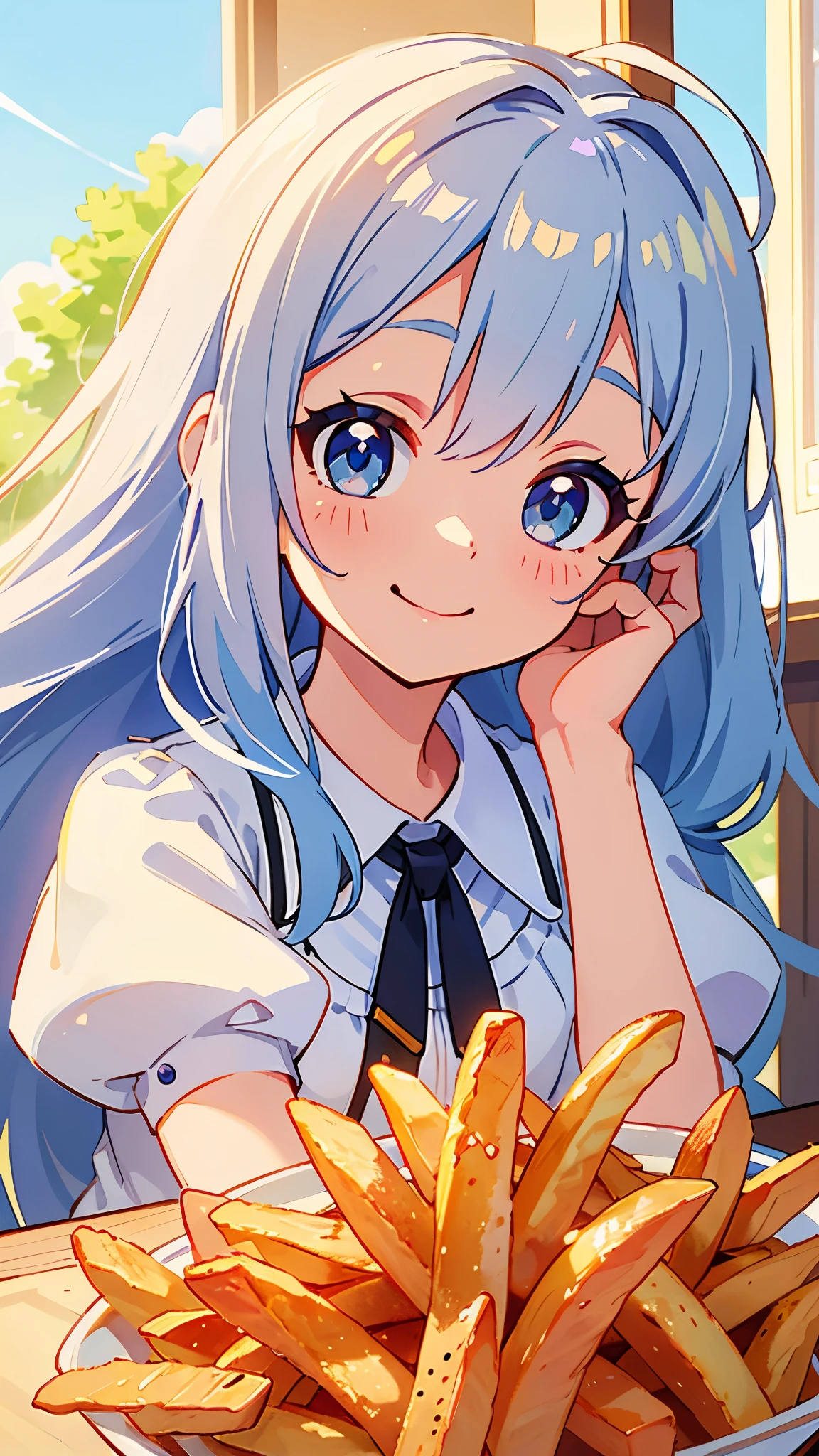  upper body closeup、 best quality、cute、One personの女の子、One person、Silver colored hair、 Long Hair、Beautiful Blue Eyes、smile、Eat French fries deliciously、Golden Hour Sky