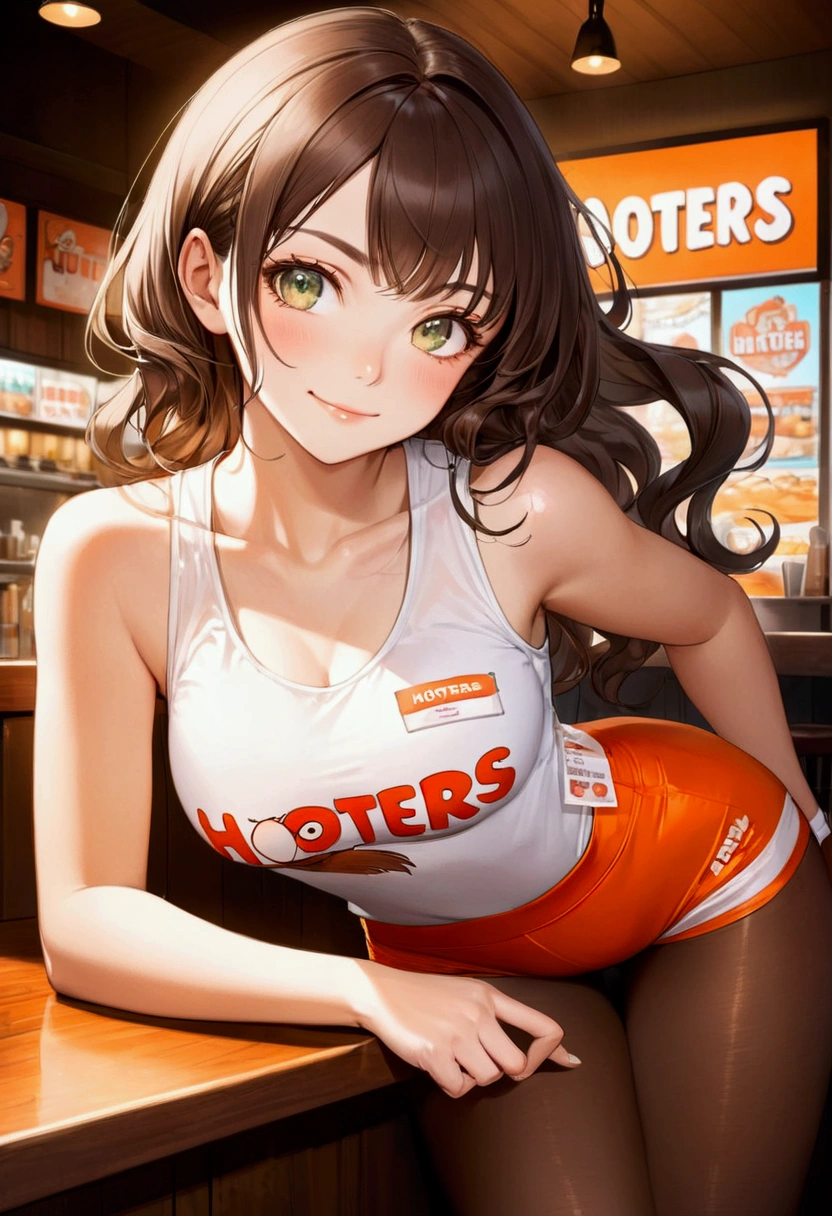 Illustrate a manga cover, Soft, diffused light with warm tones and low contrast Daria , 20 year old girl with a symmetrical face, high cheekbones, She has hazel green eyes framed by arched eyebrows, a straight, well-proportioned nose, and a fair, glowing complexion. Her long, wavy, dark brown hair cascades over her shoulders. She has an athletic, toned physique, confident and poised appearance, wearing a hooters uniform. fitted white tank top with the Hooters logo, high-waisted bright orange athletic shorts, sheer, transparent, tights, and white athletic sneakers with white socks. She also wears a name tag on the tank top, working at hooters restaurant, holding a glass of beer, Small smile, laughing.