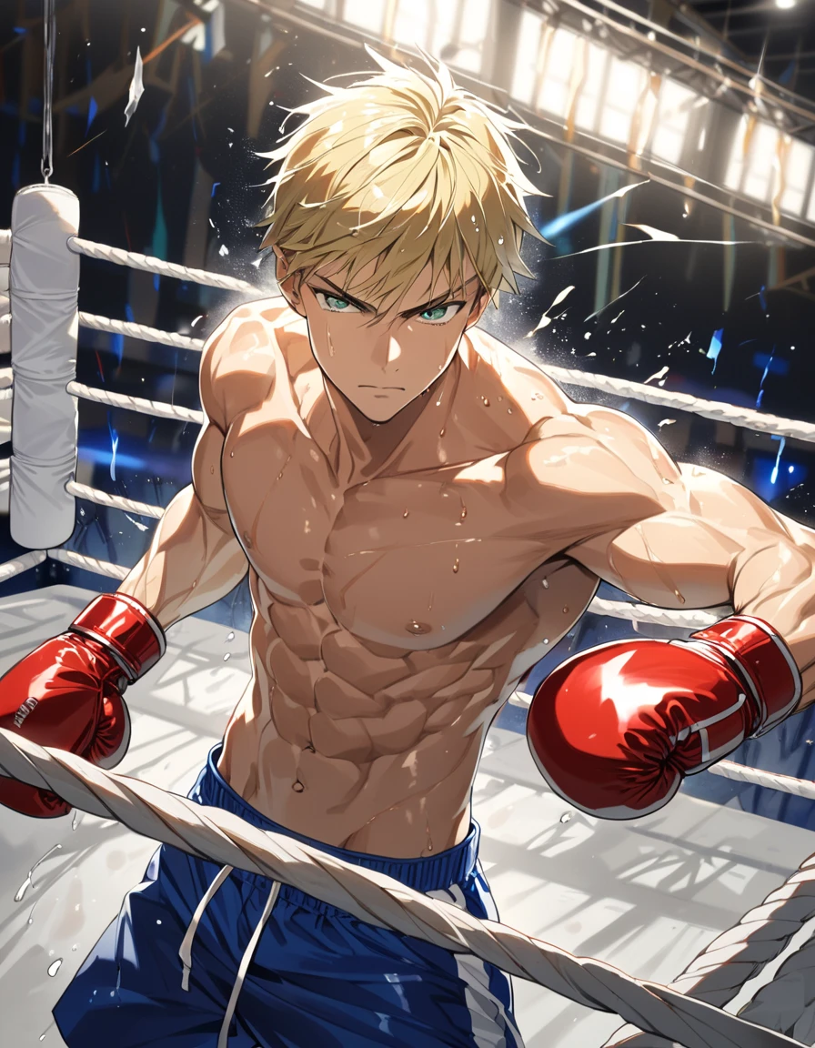 score_9, score_8_up, score_7_up, source_anime, score_6_up, score_5_up, score_4_up, BREAK 1guy, heavy weight muscular, black wrestling bikini, solo, topless, blonde, fighting stance, hollywood action, masculine handsome guy, tsurime, sanpaku, blue eyes, spiked hair, nipples, abs, male high ratio body proportions, dramatic expression, dutch angle, on wrestling ring, thick waist, stocky waist, slighty chubby, muscular plump, 1990s, cinematic shadows, cinematic lighting, lens flare, light leaks, VHS Quality