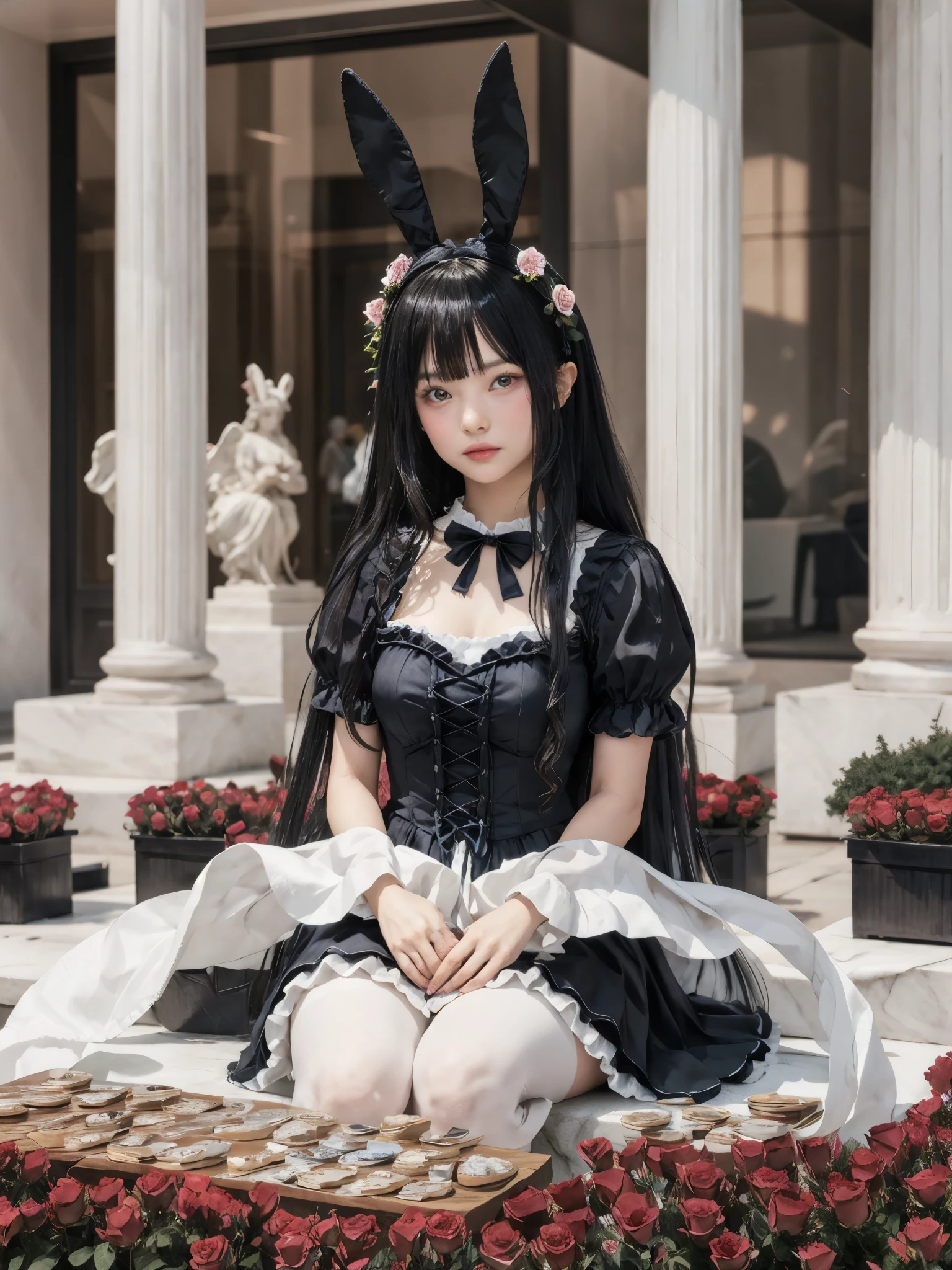 girl, sitting, gothic lolita dress, ruffles, ribbons, bunny ears, rose flower headpiece, long hair, looking at viewer, cupcakes, radial ruffle frame, cards deck, greek statues, white marble, statue of torsos, goddess statues, silk sheet,