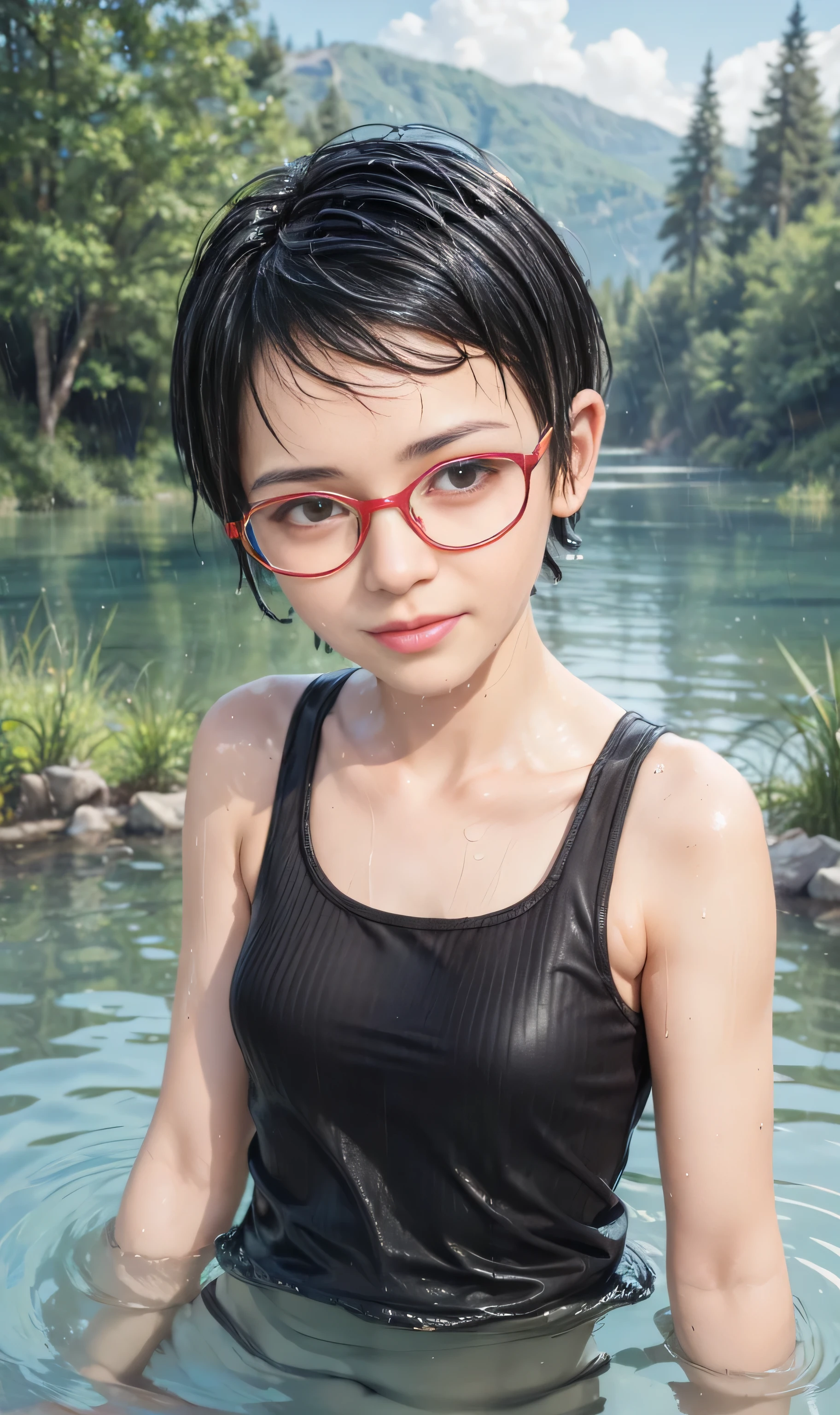 masterpiece, best quality, (realistic,photo-realistic:1.4), (RAW photo:1.2), extremely detailed CG unity 8k wallpaper, delicate and beautiful, amazing,finely detail, official art, absurdres, incredibly absurdres, huge filesize, ultra-detailed,extremely detailed eyes and face,light on face,(little smile),(wearing red framed glasses:1.4),sarada,(black hair:1.4),(very short hair:1.7),(wearing tank top:1.4),(lake background:1.4),(wet body:1.5)