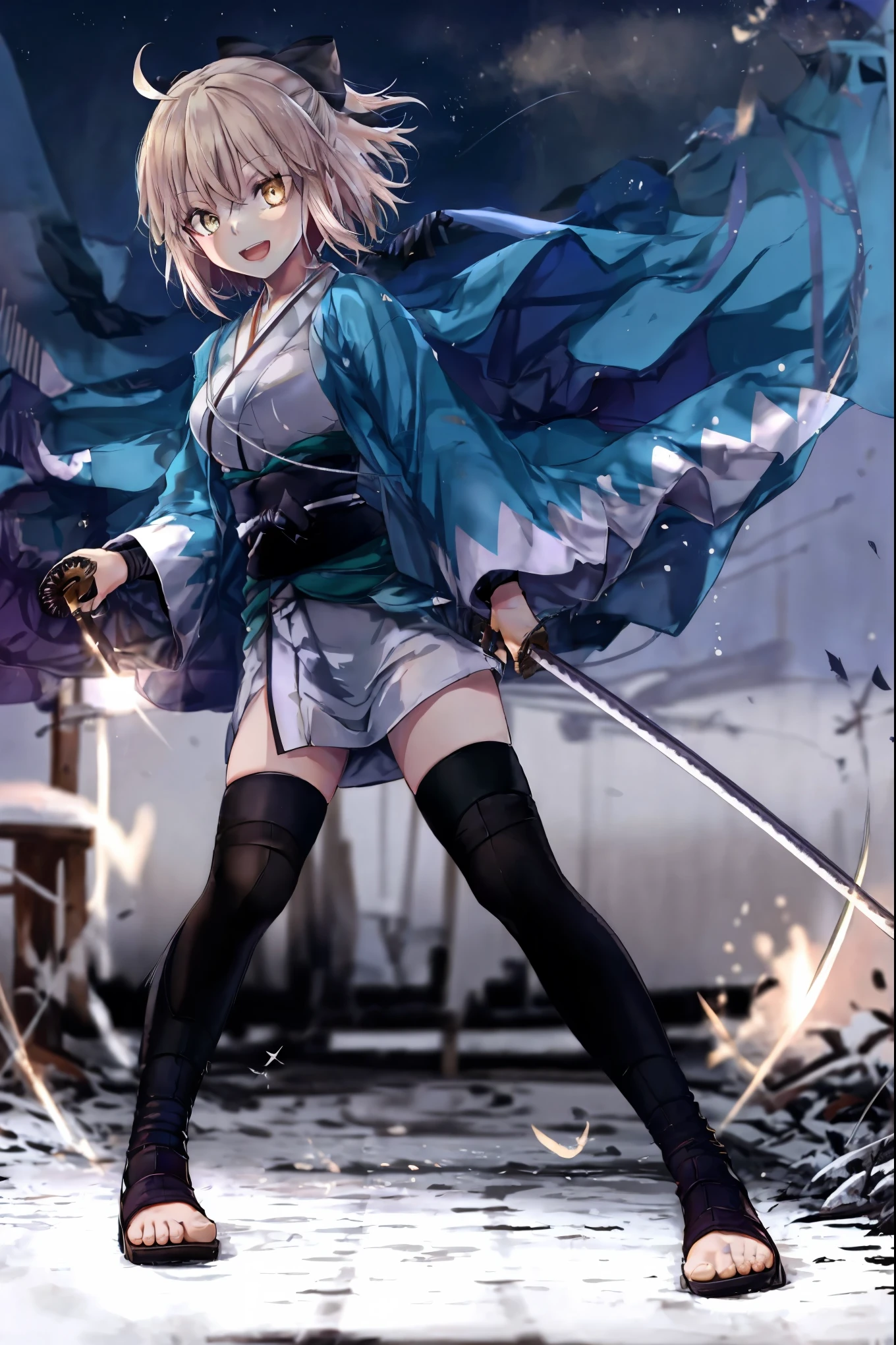 masterpiece, best quality, integrated scenery, integrated background, extremely delicate and beautiful, meticulous details, good composition, , cute face, perfect face, perfect hands, 1girl,okita souji \(FGO\), white_nosleeves_short_kimono,
 smile,dynamic_prepare_katana_posing,happy,gold_half_eyes, thigh-highs, straw_sandals,medium_breasts, midriff , right leg forward ,arm_holding_a_katana, 1katana, katana_blaide,waste_katana's_sheath, ,night,old_japanese_city_landscape_background,black_long_muffler,katana_blade_in_front_of_girl,knee, bragging_face, black_cloth_gauntlet,apart_legs,open_mouth,