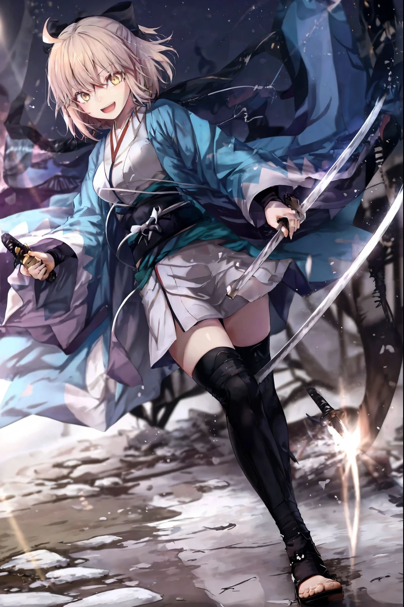 masterpiece, best quality, integrated scenery, integrated background, extremely delicate and beautiful, meticulous details, good composition, , cute face, perfect face, perfect hands, 1girl,okita souji \(FGO\), white_nosleeves_short_kimono,
 smile,dynamic_prepare_katana_posing,happy,gold_half_eyes, thigh-highs, straw_sandals,medium_breasts, midriff , right leg forward ,arm_holding_a_katana, 1katana, katana_blaide,waste_katana's_sheath, ,night,old_japanese_city_landscape_background,black_long_muffler,katana_blade_in_front_of_girl,knee, bragging_face, black_cloth_gauntlet,apart_legs,open_mouth,