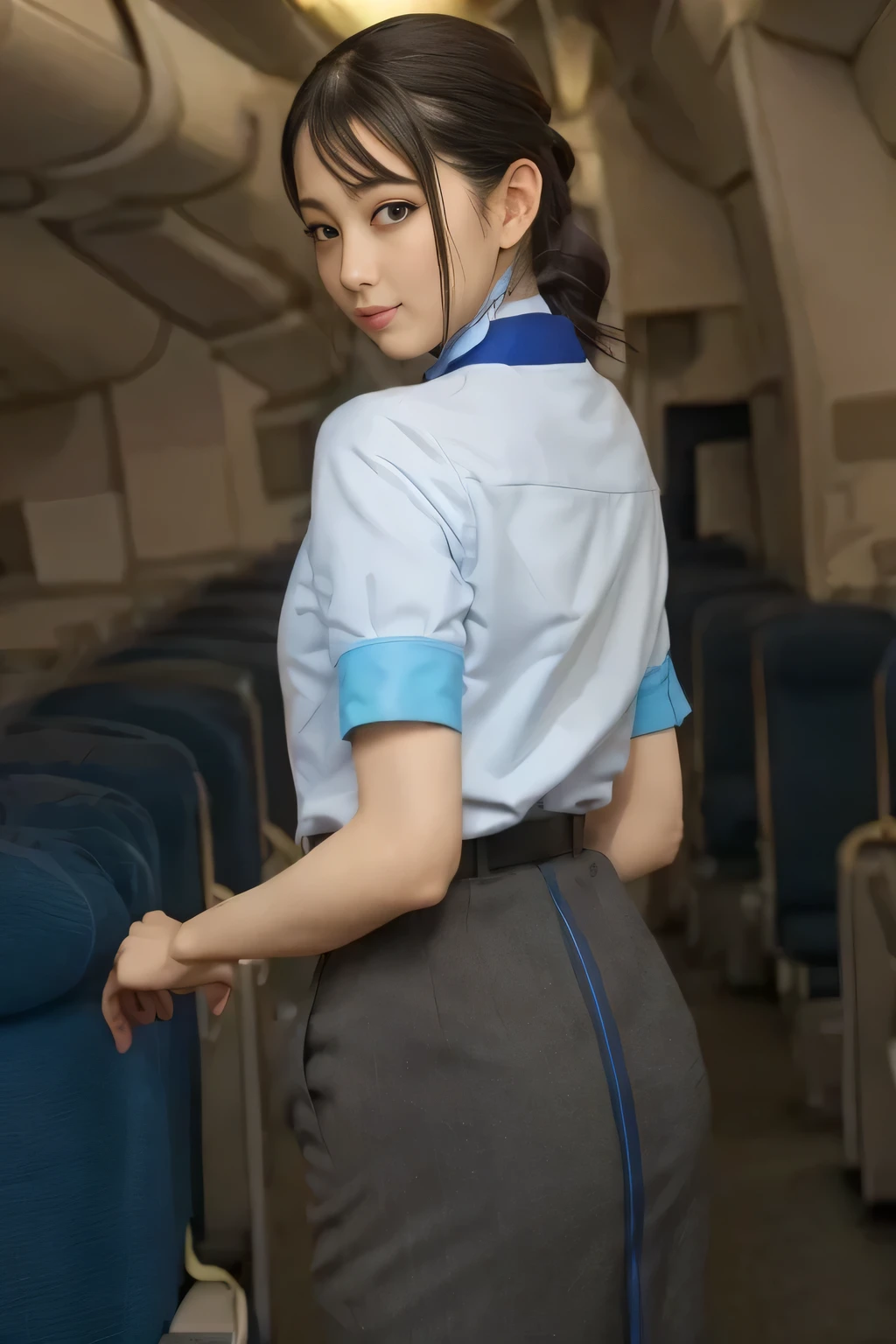 (masterpiece:1.2,  best quality:1.2), 32kHDR,  high resolution for loosely aligning the legs , (Alone、  1 girl)、（ Rooftop of a building during the day 、 Professional Writing ）、  in the background of the roof of the building  、（ANA cabincrew uniform blueを着たリアルスタイル）、（（ ANA flight attendant uniform blue short sleeve blouse  、 ANA flight attendant uniform blue skirt with blue lines on the back、 Scarf around the neck ））、  lots of dark brown hair  、（  long hair、Hair tied up、Hair tied up,  braid summary hair  ）、  lots of dark brown hair  、Long Hit、Big Breasts、Thin legs、（（ Amazing hands ：2.0）），（（  harmonious physique with the roof of the building in the background  ：1.5）），（（Normal limbs：2.0）），（（The usual ：2.0）），（（  delicate eyes ：2.0）），（（Normal eyes：2.0））)、smile、（ANA cabincrew uniform blueを見せた美しい後ろ姿）、Hands folded under the body  