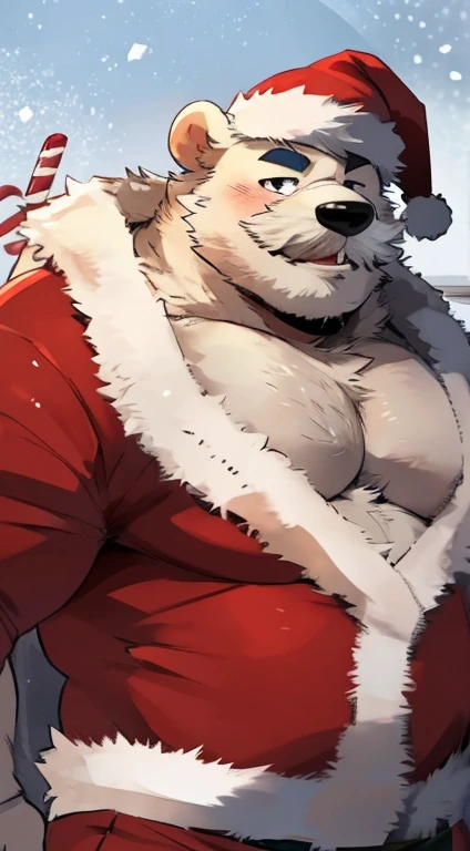 Polar bear, white body, male, solo, anthro, (sitting), fireplace, scarf, (Christmas hat), (Christmas-themed striped thigh high socks), tight sorts, mittens, (santa belt), bulge, detailed lighting, smug expression, Christmas lights, SFW, balls