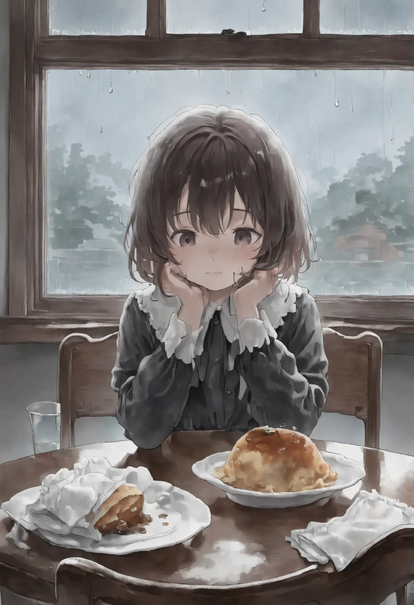 melancholy,watercolor,best quality,subtle tones,dim lighting,lonely dining table,single plate,half-eaten meal,crumpled napkin,empty chair,small window,overcast sky,raindrops on glass,muted colors,uneven shadows,quiet atmosphere,emotional solitude,soft texture,sense of loss
