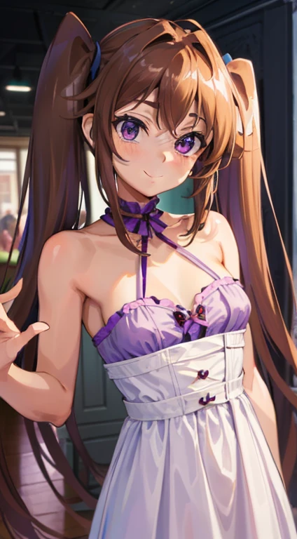 ( best quality, masterpiece:1.2),   long brown hair ,  purple eyes,  ultra-detailed eyes sandwiched between columns,  twin tails, A beautiful, detailed smile, Irina Shiido ,  medium chest , naked,  simple background,  standing,  upper body, indoor