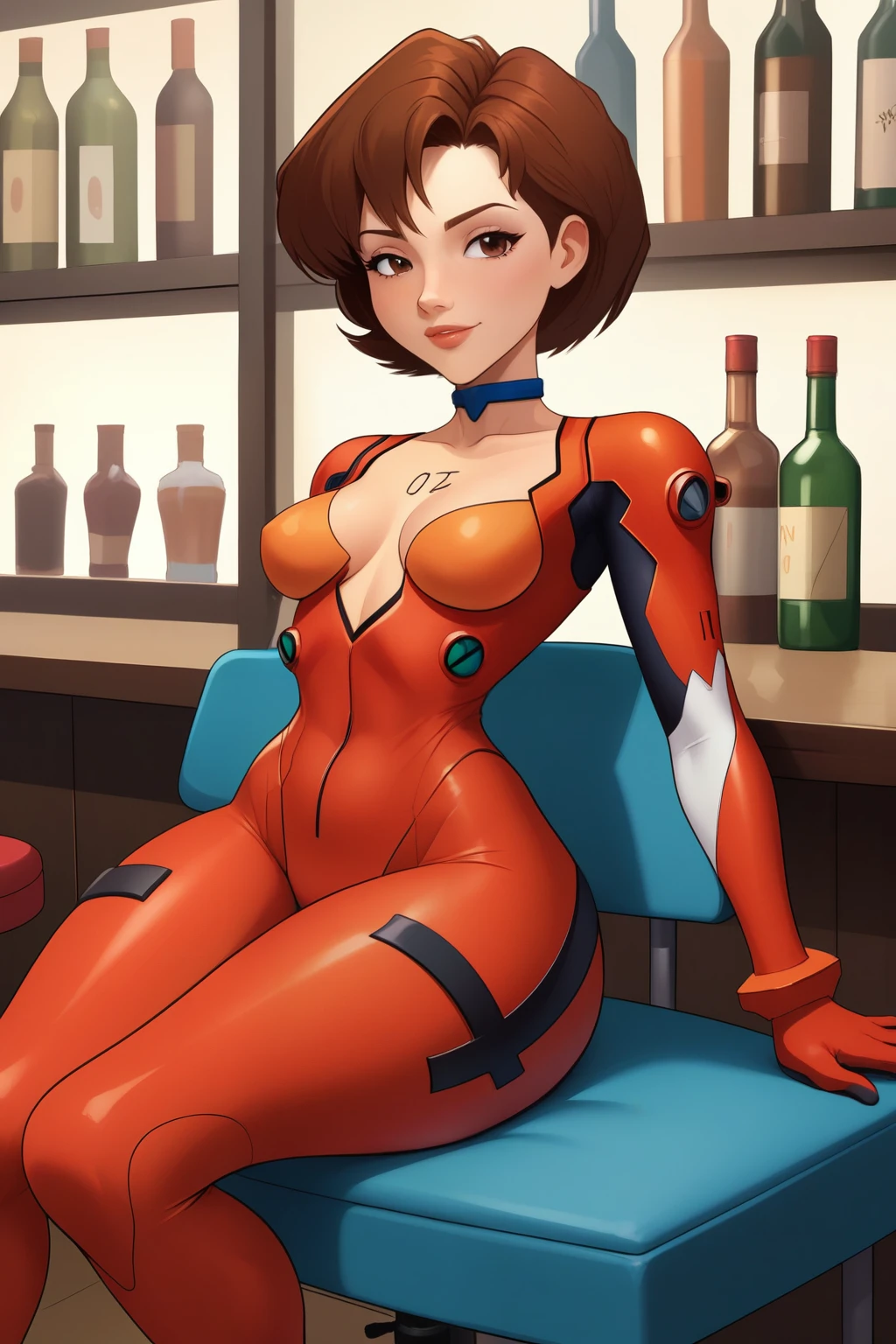 Helen Parr. choker. narrow waist. small saggy breasts. huge hips. brown hair. brown eyes. one-piece evangelion suit. bar. sitting