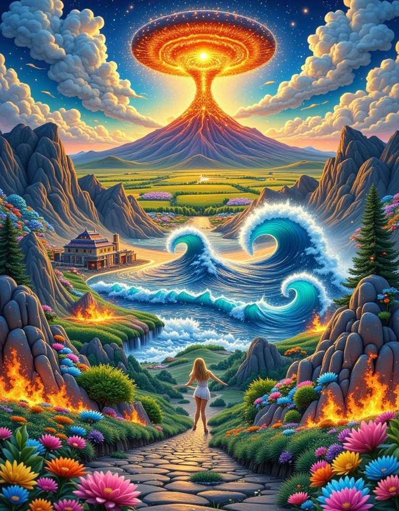 A vivid depiction of various natural disasters occurring simultaneously. A tornado rampaging through a flat, open plains area; a volcanic eruption exploding in the distance, spewing lava and ashes in the sky; an earthquake causing a metropolitan city to shake with buildings crumbling; a massive tsunami wave rapidly approaching a coastal city, and a forest fire burning wildly in a dense woodland area. Include, also, a bright sun peeking through the despair, symbolizing hope in the midst of chaos.
