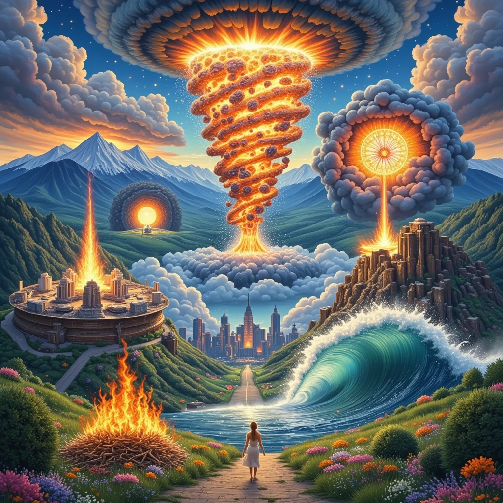 A vivid depiction of various natural disasters occurring simultaneously. A tornado rampaging through a flat, open plains area; a volcanic eruption exploding in the distance, spewing lava and ashes in the sky; an earthquake causing a metropolitan city to shake with buildings crumbling; a massive tsunami wave rapidly approaching a coastal city, and a forest fire burning wildly in a dense woodland area. Include, also, a bright sun peeking through the despair, symbolizing hope in the midst of chaos.
