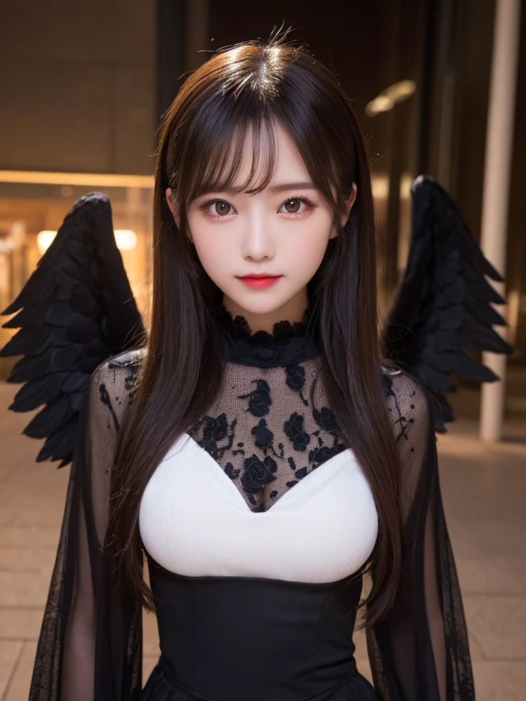 A captivating illustration of a demon girl, inspired by the character Albedo from Overlord. She stands confidently, her large breasts and bare shoulders accentuated by a white dress with a hip vent. Her black wings and white gloves contrast elegantly, and her long, black hair flows, with a strand falling between her striking yellow eyes. She has demon horns and feathered wings, adding to her mystical allure. Her smile is enchanting, and her cleavage is visible through the dress. Her pupils are slit, and she wears a detached collar. Her very long hair and black feathers are beautifully detailed, and she has elbow-length gloves. The perspective is a cowboy shot, ensuring her demon wings are prominently displayed.