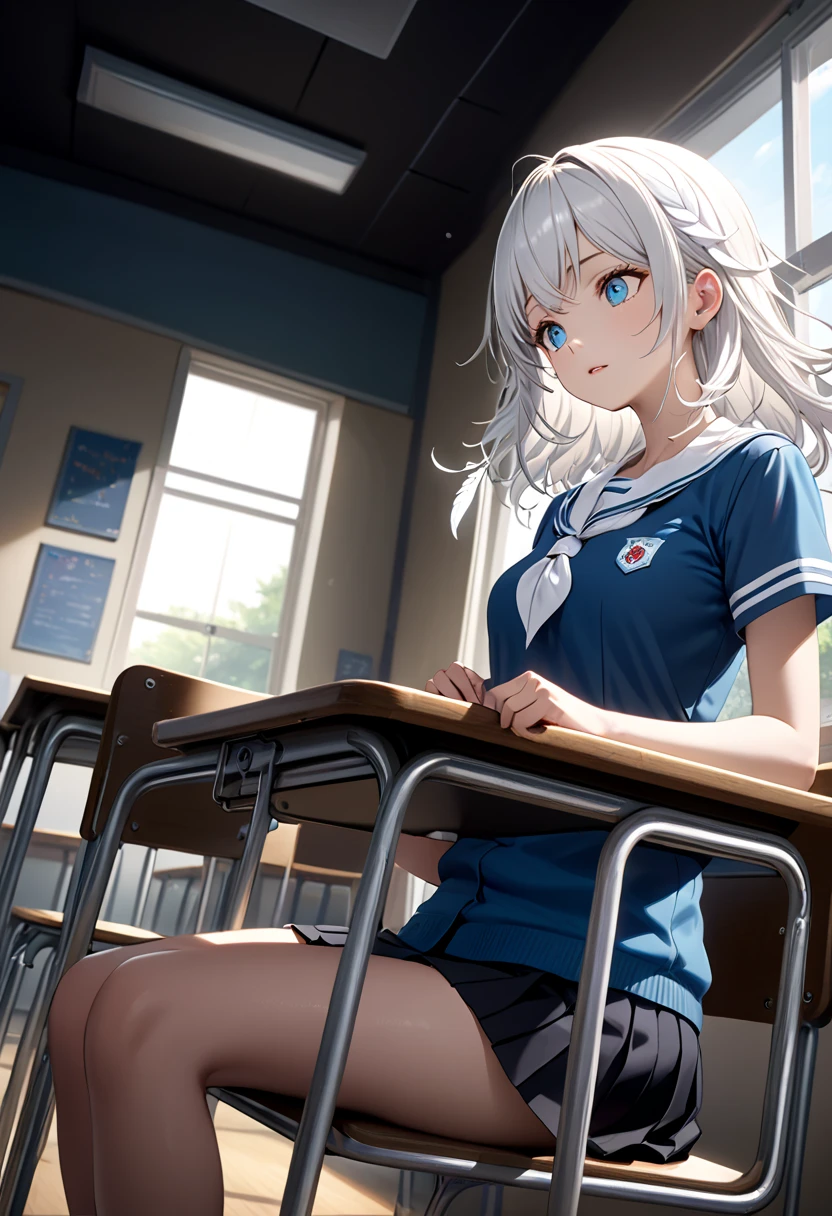 girl 、 mature 、 blue eyes , White hair , Long feather-like hair , campus uniform White blue 、 Mini Pleated Skirt 、 masterpiece 、 Noise Reduction 、 Perfect Anatomy 、 High Resolution 、 Super detailed 、 Game CG 、 Dutch angle 、 exquisite details 、 art visual、Perfect hand、Lighting bright、daytime、fantasy、classroom、sitting in a school chair,daydreaming facing the window