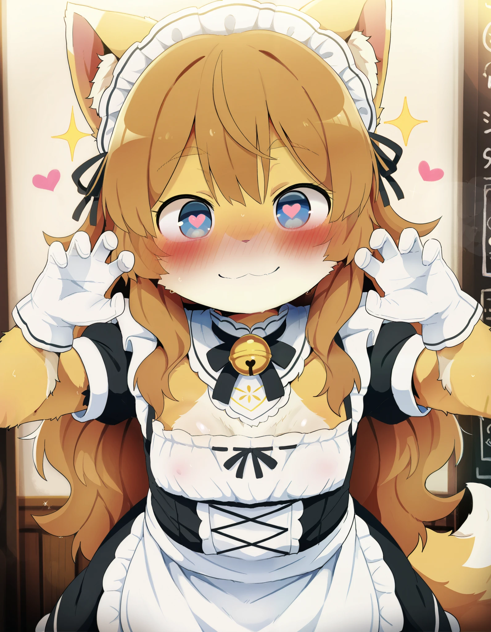 solo, dagasi_style, Dagashi_(Daga2626), score_9,score_8_up, score_7_up,  best quality,best resolution,(fluffy anthro furry), (young),cat girl,small breasts,dark brown hair,long hair,wavy hair,curvy hair,gold canine fur,gold dog tail,gold fur,blue eyes,glistering eyes,sparkle eyes,small bell collar,maid outfit,maid headdress,maid gloves,ruffles,beautiful cafe,looking at viewer,full face blush,happy face,smile,heart eyes,heart expression eyes,very close eyes,one eyes close,sexy pose, lush breasts