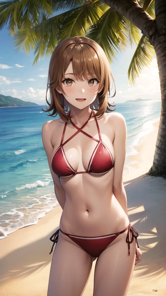   Masterpiece ,  best quality,  high definition , Airoha,  Medium Hair ,  standing,  cowboy shooting,  slouching forward,   arm behind back , smile,  open her mouth , 

sea,beach,sun,
 cross halter bikini 