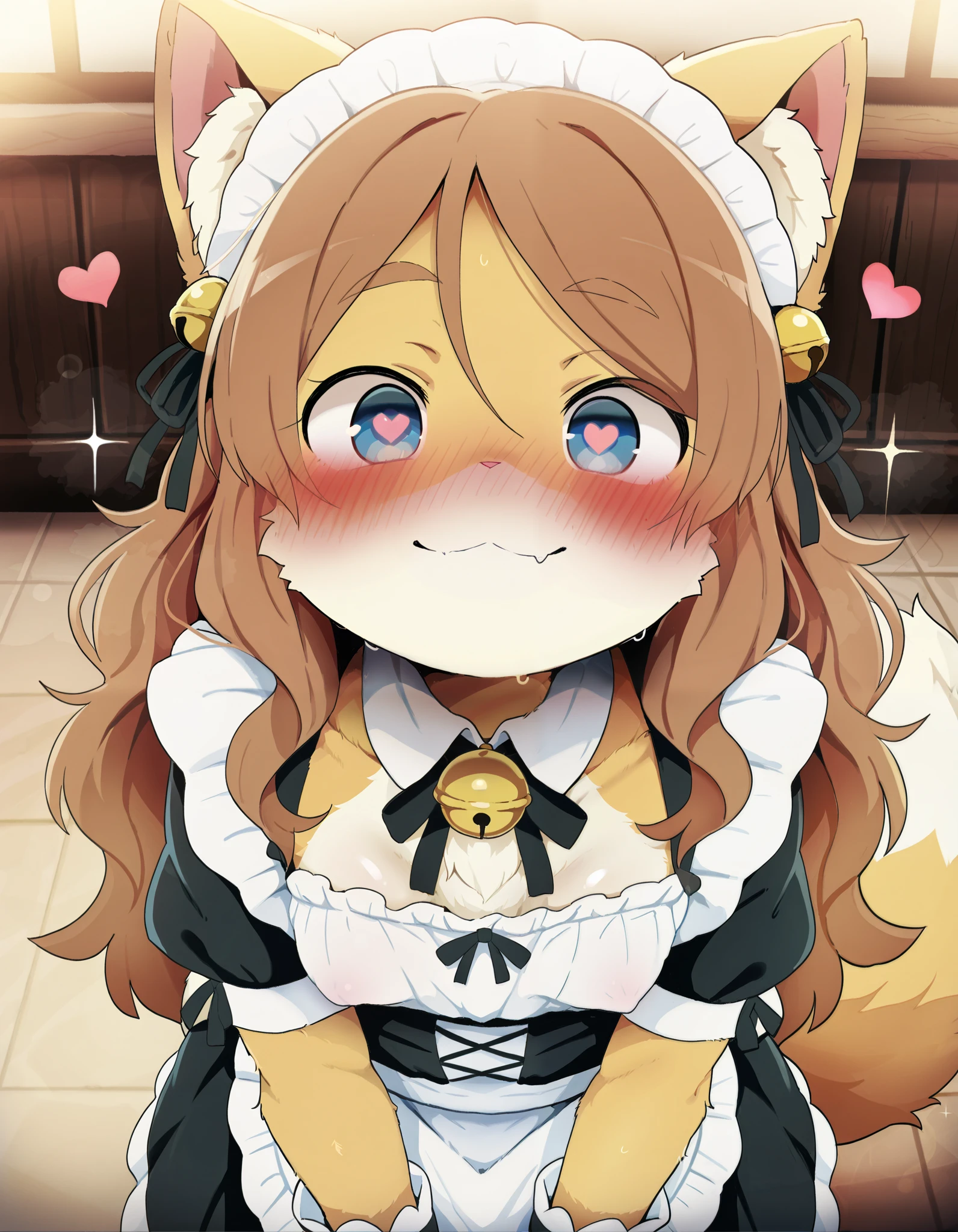 solo, dagasi_style, Dagashi_(Daga2626), score_9,score_8_up, score_7_up,  best quality,best resolution,(fluffy anthro furry), (young),cat girl,small breasts,dark brown hair,long hair,wavy hair,curvy hair,gold canine fur,gold dog tail,gold fur,blue eyes,glistering eyes,sparkle eyes,small bell collar,maid outfit,maid headdress,maid gloves,ruffles,beautiful cafe,looking at viewer,full face blush,happy face,smile,heart eyes,heart expression eyes,very close eyes,one eyes close,sexy pose, lush breasts