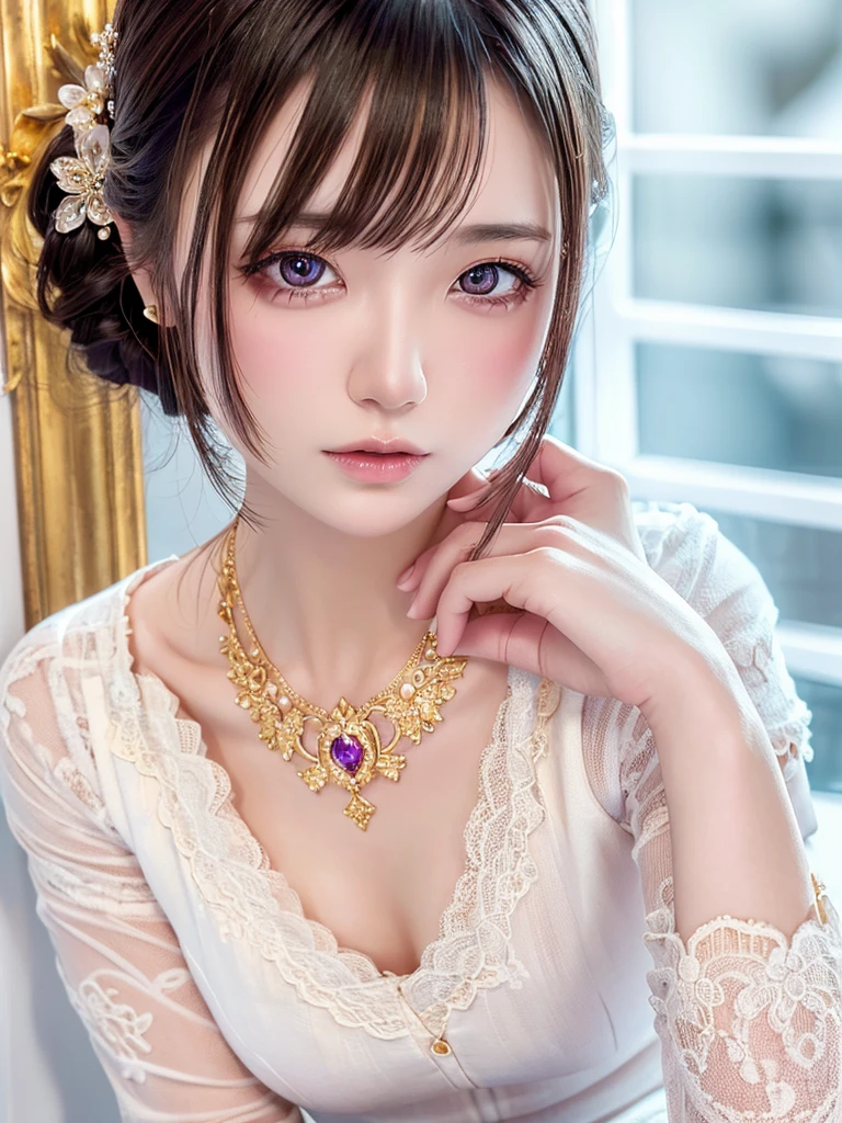 purple lace gold&good, (((Very luxurious and beautiful, perfect details, Awesome details))), whole body, The most detailed girls, Depth of writing region, 美しく詳細なwhole body, slender legs, 1 woman, 30 years old, very short hair, spiky hair, gray and silver hair, Beautifully detailed hair, perfect face, expressionless, Deep eyes, beautiful details, Open your mouth slightly., Delicate arms and hands, Pale skin, earring, Beautiful and elegant necklace, colorful background, HD background, blurred background, Very delicate and beautiful, Masterpiece, (((Highest quality, Very beautiful CG 8K wallpaper.))), (((Trendy Hairstyles))), (inside the room,Modern interior,window),