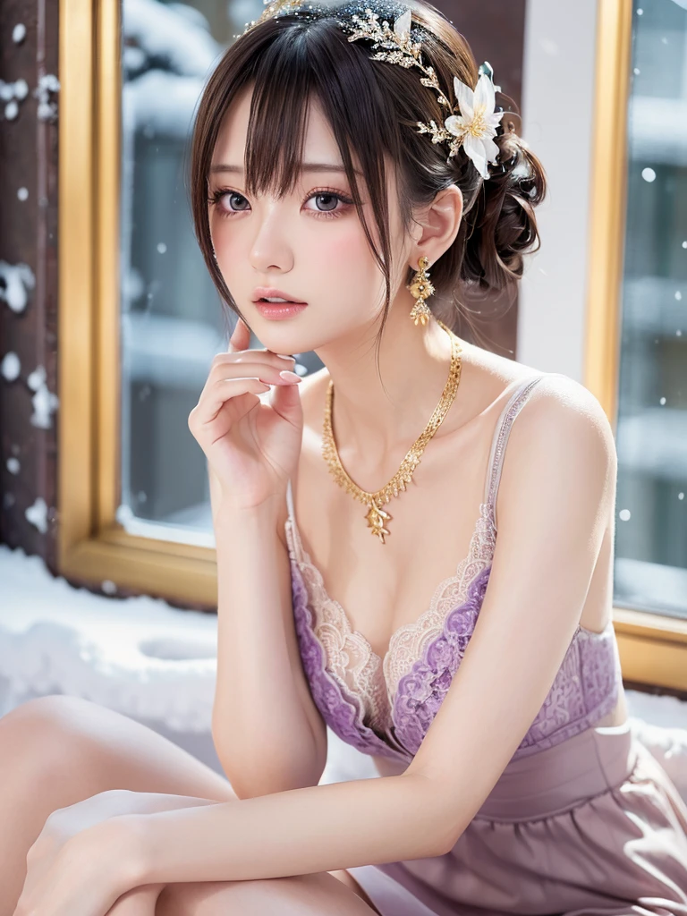  Purple Lace Song   &  good, (((  very elegant and beautiful, perfect detail,   super detailed))), whole body,   The most detailed girl  ,   Border Depth , 美しく詳細なwhole body, Thin legs,   1 girl, 30 years old,   very short hair, Spiked Hair,   gray and silver hair on the chest of the right hand ,   beautiful detail hair ,  完璧なface,  expressionless, Beautifully detailed deep eyes,    with her butt raised in the air and her upper body raised、Gold Wall  ,  Delicate arms and hands ,  pale skin,   earrings for a single woman sitting in the snow,  Beautiful wonderful necklace ,  colorful background, HD Backgrounds,   blurry background,    so delicate and beautiful  ,   Masterpiece , (((   best quality ,    very beautiful 8K CG Wallpaper  ))), (((  trendy hairstyle ))), ( face,  Stylish Interior  ,  Window  ),