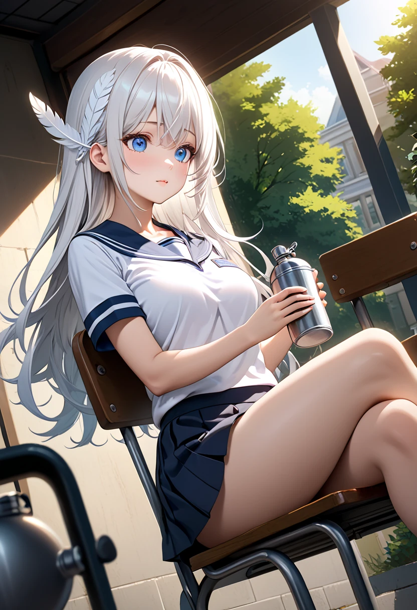 female 、 mature 、 blue eyes , White hair , Long feather-like hair , campus uniform White blue 、 Mini Pleated Skirt 、 masterpiece 、 Noise Reduction 、 Perfect Anatomy 、 High Resolution 、 Super detailed 、 Game CG 、 Dutch angle 、 exquisite details 、 art visual、Perfect hand、Lighting bright、daytime、fantasy、canteen、sitting on a school chair,waiting for food
