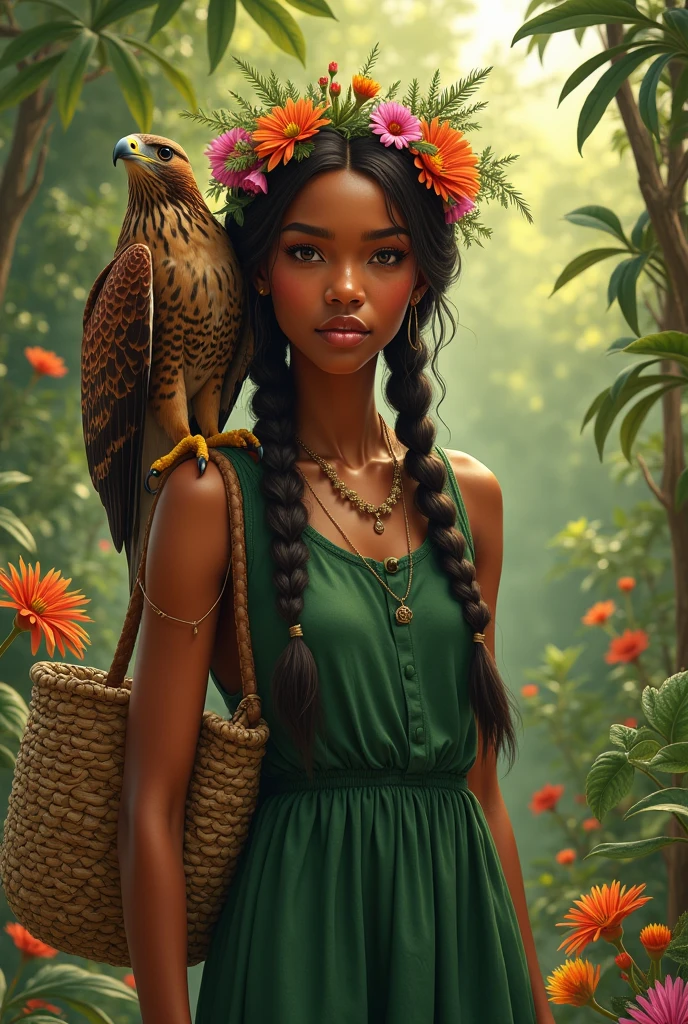 a close up of a woman in a white dress with a red bird, beeple and jeremiah ketner, mark ryden in the style of, art in the style of disney, the mekanik doll, painting by android jones, by Lennie Lee, wlop loish and clamp style, dark skin female goddess of love, loish |