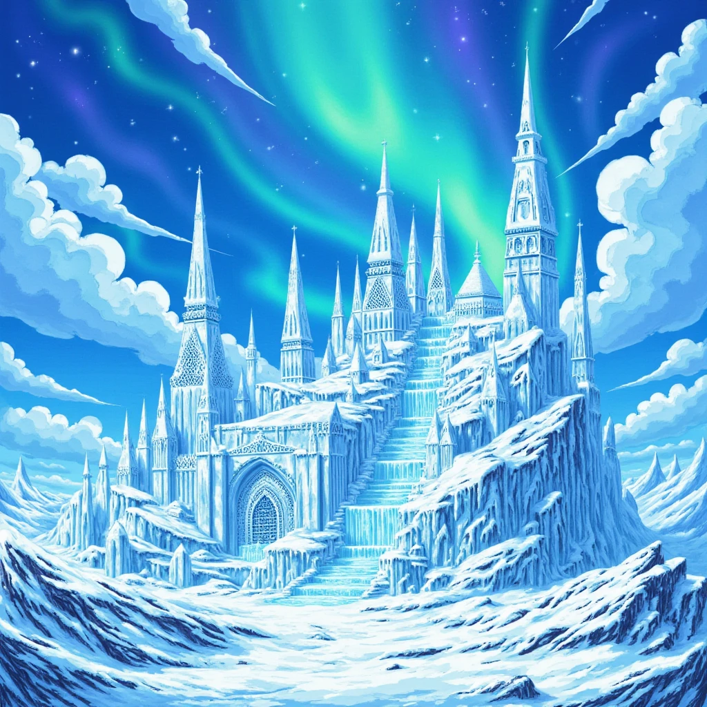 Ice kingdom, pixel art, rough sketch, masterpiece