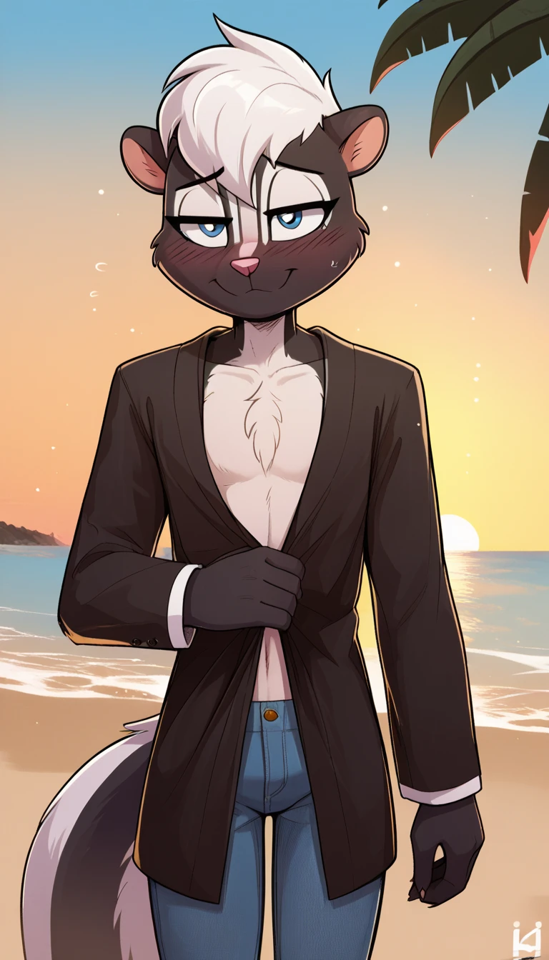 masterpiece, best quality, nervous expression, male, anthro, furry, black fur, fluffy fur, French skunk boy, furry, skunk ears, animal nose, cute eyes, blue eyes, skunk tail, white hair, long stable hair, (white hair), solo, (beach), sunset, detailed, buff muscular chest, French black bath robe with black tuxedo jeans, holding a rose, shy, head tilt, adult (19 years), flat chest, buff thighs, half-closed eyes, blush, looking at the viewer, standing, (kilinah), light particles, score_9, score_8_up, score_7_up, score_6_up, score_5_up, score_4_up