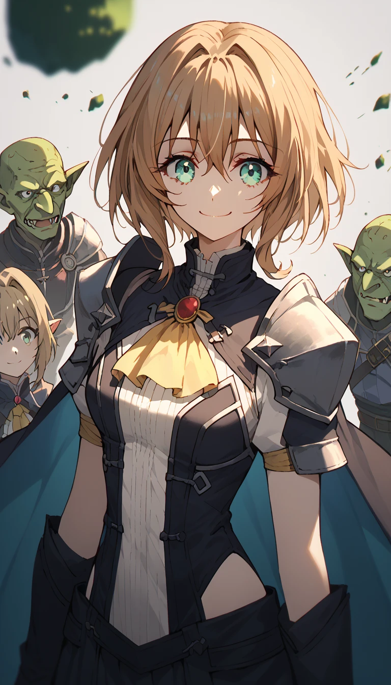 maximum quality,  goblin Slayer, guild Master , Turquoise eyes, short hair, cape oly one side, Turquoise eyes, short hair, cape, shoulder armor, light brown hair, short straight hair to shoulder length, yellow tie, bob cut,  smile, long skirt, tights, sexy body, correas de cuero en la cintura, Big breats 