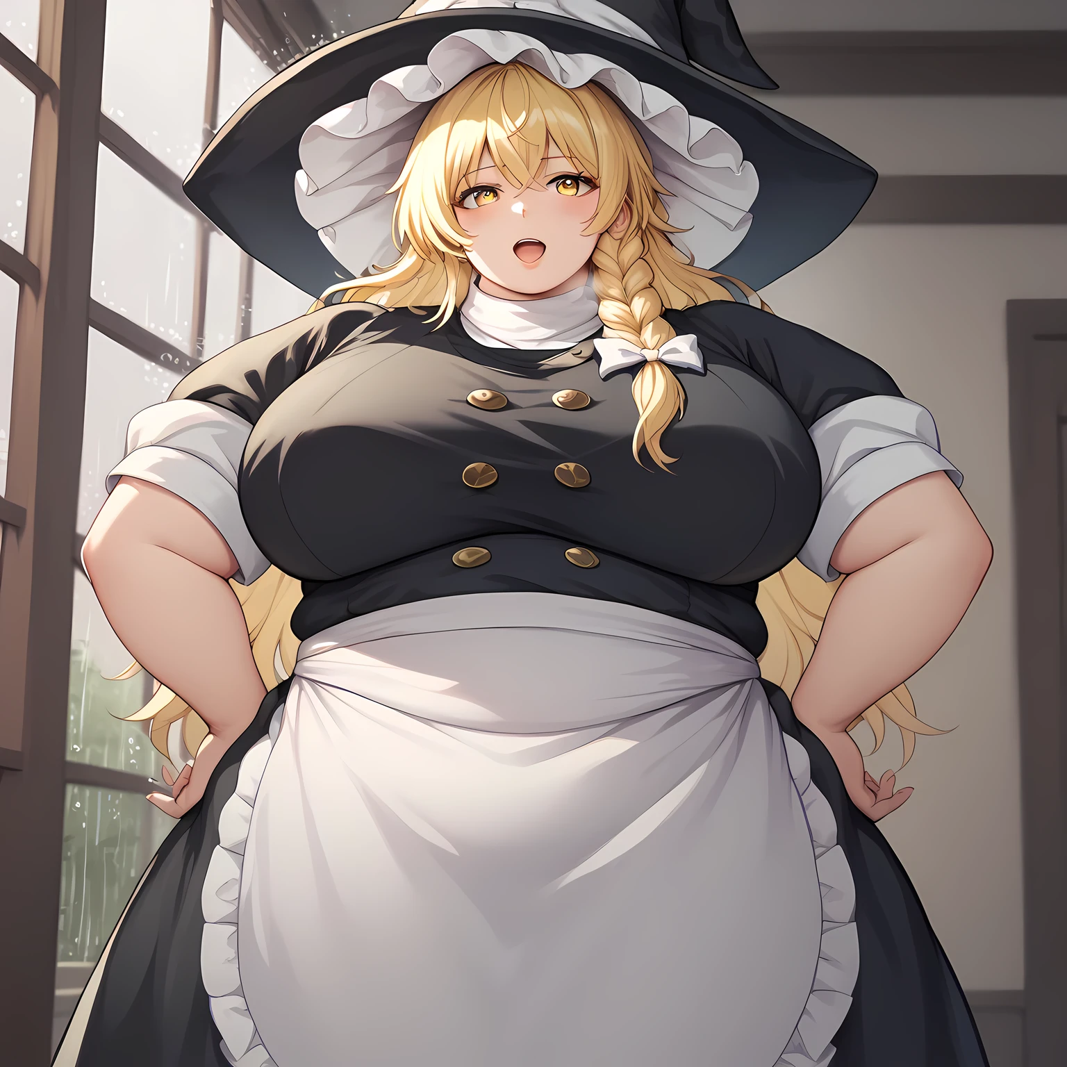 KIRISAME MARISA
BLONDE HAIR, YELLOW EYES, SINGLE BRAID, WITCH HAT, WHITE RIBBON, BLACK SKIRT, BLACK SHIRT, SHORT SLEEVES, WAIST APRON, WHITE SLEEVES, large breasts, 1girls,solo, female_focus, rain A sack in hands, stealing  parody, indoors, fat, chubby, obese, gigantic arms and legs, large breasts open mouth, out of breath