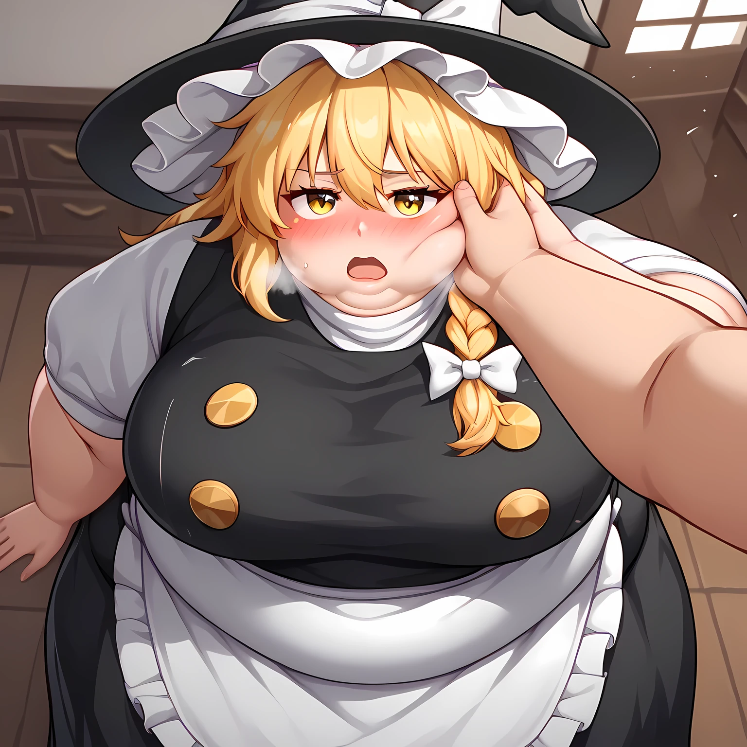 KIRISAME MARISA BLONDE HAIR, YELLOW EYES, SINGLE BRAID, WITCH HAT, WHITE RIBBON, BLACK SKIRT, BLACK SHIRT, SHORT SLEEVES, WAIST APRON, WHITE SLEEVES, large breasts, 1girls,solo, female_focus, rain A sack in hands, stealing parody, indoors swollen face, fat, chubby, obese, open mouth, out of breath, absurdres, highres icon, rating:General, confused, blush, {flustered}, nervous sweating, portrait, pov hands, hand on another's cheek, averting eyes, [looking away], straight-on, from above,  upper body, masterpiece, best quality, ultra-detailed, high resolution, 8K, 