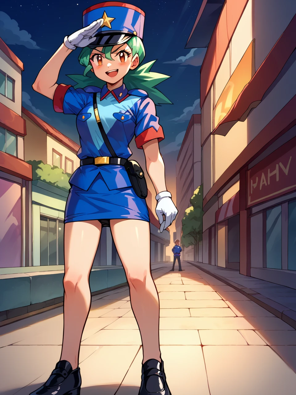 score_9, score_8_up, score_7_up, score_6_up, source_anime, BREAK 1girl pkmnJenny, green hair, blue hat, police uniform, blue shirt, short sleeves, belt, pencil skirt, white gloves, black panties, looking at viewer, open mouth, (smirking eyes, (v-shaped eyebrows:0.7), widely open smug mouth), blush, standing, hand on hips, spread legs, city, salute, night, full body, wide shot, (panty pull), front view, straight on,