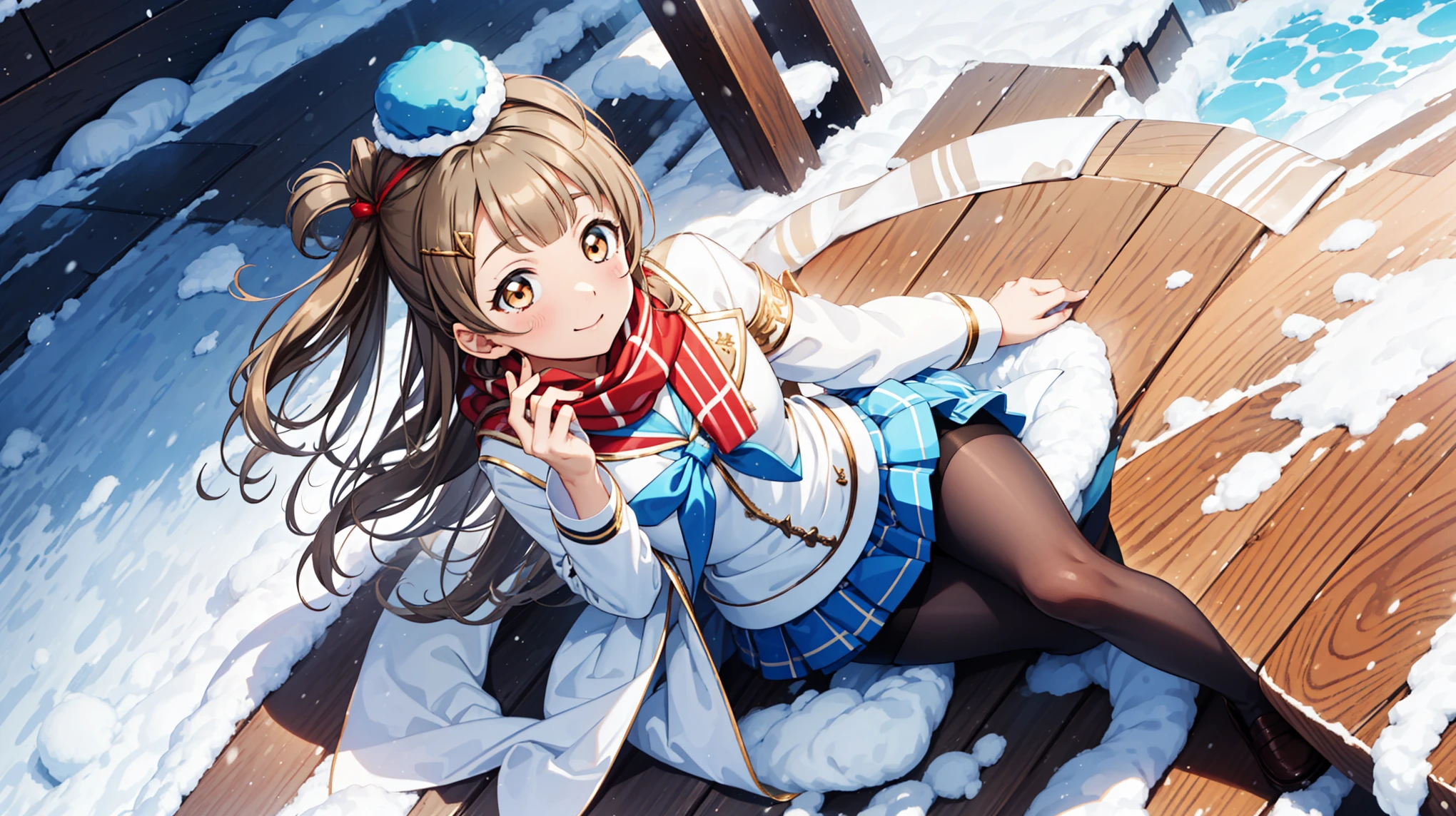 masterpiece,  Minami Kotori, curls,  mini skirt,  School Uniform，winter，scarf，Plush，snow hat ，Hairpin， black pantyhose crotch,   Warm Winter Sun ，Snow， soft colors，dusk， golden eyes，Single，Oblique angle