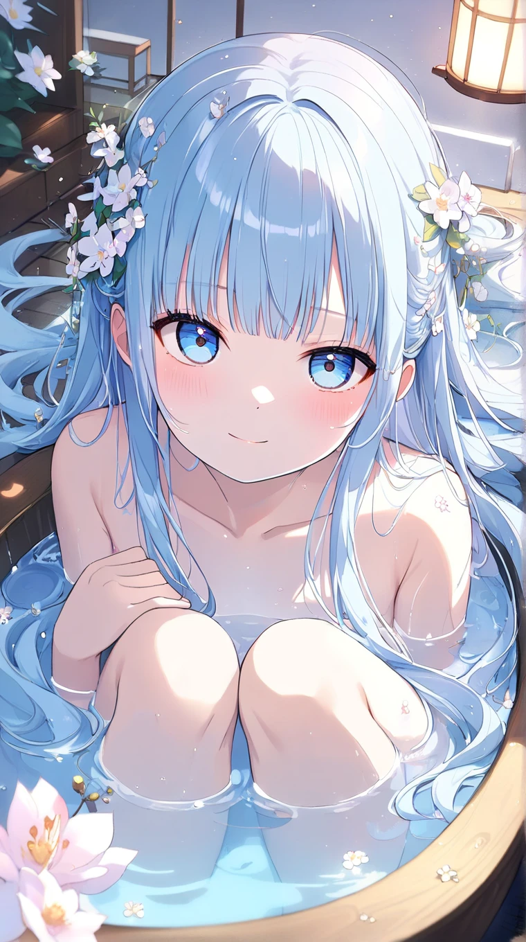 masterpiece, garden, Black Rose, 1 girl, Upper body, , blue eyes, light blue hair, scared tearful, watery eyes, ((straight hair)), [[long hair]], blunt bangs, cute eyes,　hands behind head, open mouth, ((((nude)))), ((spread legs))
