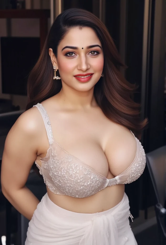 full body,front view,big boobs,cleavage,transparent white saree,full body view,nude,standing position,body facing to camera,smile,red lipstick 