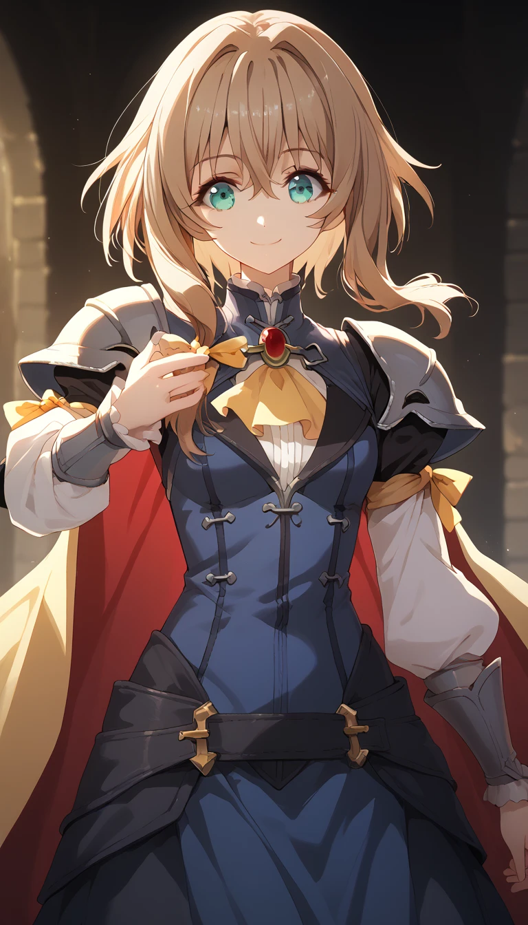 maximum quality,  goblin Slayer, guild Master , Turquoise eyes, short hair, cape oly one side, Turquoise eyes, short hair, cape, shoulder armor, light brown hair, short straight hair to shoulder length, yellow tie, bob cut,  smile, long skirt, tights, sexy body, correas de cuero en la cintura, Big breats 