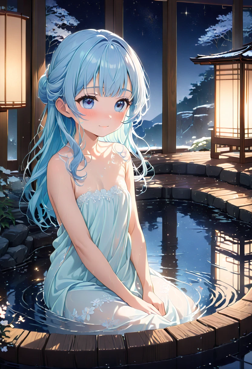 masterpiece, best quality, extremely detailed, (illustration, official art:1.1), 1 girl ,(((( light blue long hair)))), ,(((( light blue long hair)))),light blue hair, , long hair ((blush)) , cute face, big eyes, masterpiece, best quality,(((((a very delicate and beautiful girl))))),Amazing,beautiful detailed eyes,blunt bangs((((little delicate girl)))),tareme(true beautiful:1.2), sense of depth,dynamic angle,,,, affectionate smile, (true beautiful:1.2),,(tiny 1girl model:1.2),)(flat chest),Create an anime-style illustration featuring a stunningly beautiful young woman relaxing in an elegant, traditional Japanese open-air onsen at a luxurious ryokan. She is immersed in the soothing hot spring water, surrounded by serene natural beauty and traditional stone and wood design elements that highlight the high-class ambiance of the setting. The woman gazes up at a breathtaking night sky filled with twinkling stars, her expression peaceful and enchanted by the view. Details should include gentle steam rising from the water, warm ambient lighting from subtle lanterns, and reflections of the starry sky on the bath’s surface, enhancing the tranquil mood. Her wet hair clings softly to her shoulders, and subtle hints of blush show her relaxation. Capture the textures and intricate details of the onsen, the shimmering water, and the calm, introspective atmosphere, all in a refined, high-quality anime style that elevates the scene to an artful, serene moment.
、naked towel