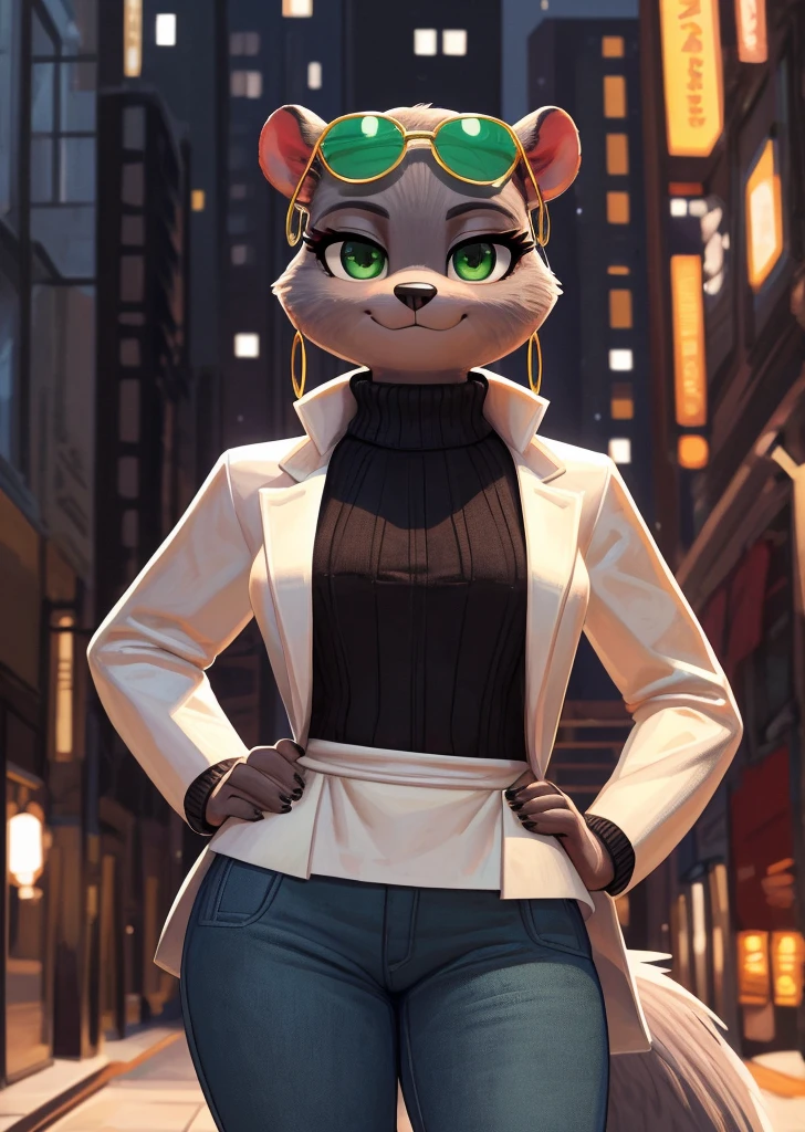 [marie itami], [brand new animal], [Uploaded to e621.net; (wamudraws), (Pixelsketcher)], ((masterpiece)), ((HD)), ((high res)), ((solo portrait)), ((waist-up)), ((front view)), ((detailed fur)), ((detailed shading)), ((cartoon aesthetic)), ((beautiful render art)), ((intricate details)), {anthro mink; grey fur, black nose, (cute green eyes), (detailed iris), (long eyelashes), (long fluffy tail), (curvy hips), (detailed legs), (beautiful legs), (smug smirk), (relaxed expression)}, {(black turtleneck sweater), (white coat), (tight lowrise jeans), (green sunglasses on head), (gold hoop earrings)}, {(standing), (hand on hip), (looking at viewer)}, [ambient lighting, city]