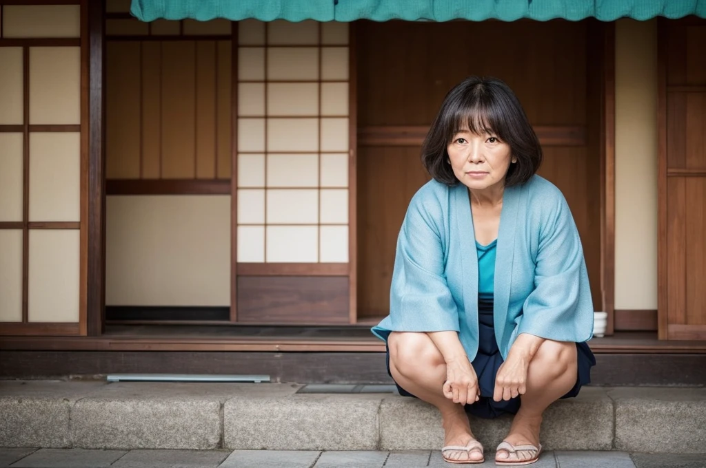 highest quality, 8K, Sharp focus, High resolution, Japanese, Mature Woman, 60 years old, Beauty, 美Mature Woman, round face, Pointed jaws, Wide forehead, Big Nose, Large cat-like double eyelids, Deep wrinkles at the corners of the eyes, Dimples in the cheeks, She puts her hands around the man's inner thighs and sucks his ????? deep into her throat, ((Highly detailed and realistic facial wrinkles)), (Highly detailed eyes), (Thick lips), ((Look at the viewers)), Chubby and plump body type, beautifully styled short hair, short hair, Large Breasts, Large ??????, Large protruding nipples, sticking out of the bra, Bedtime