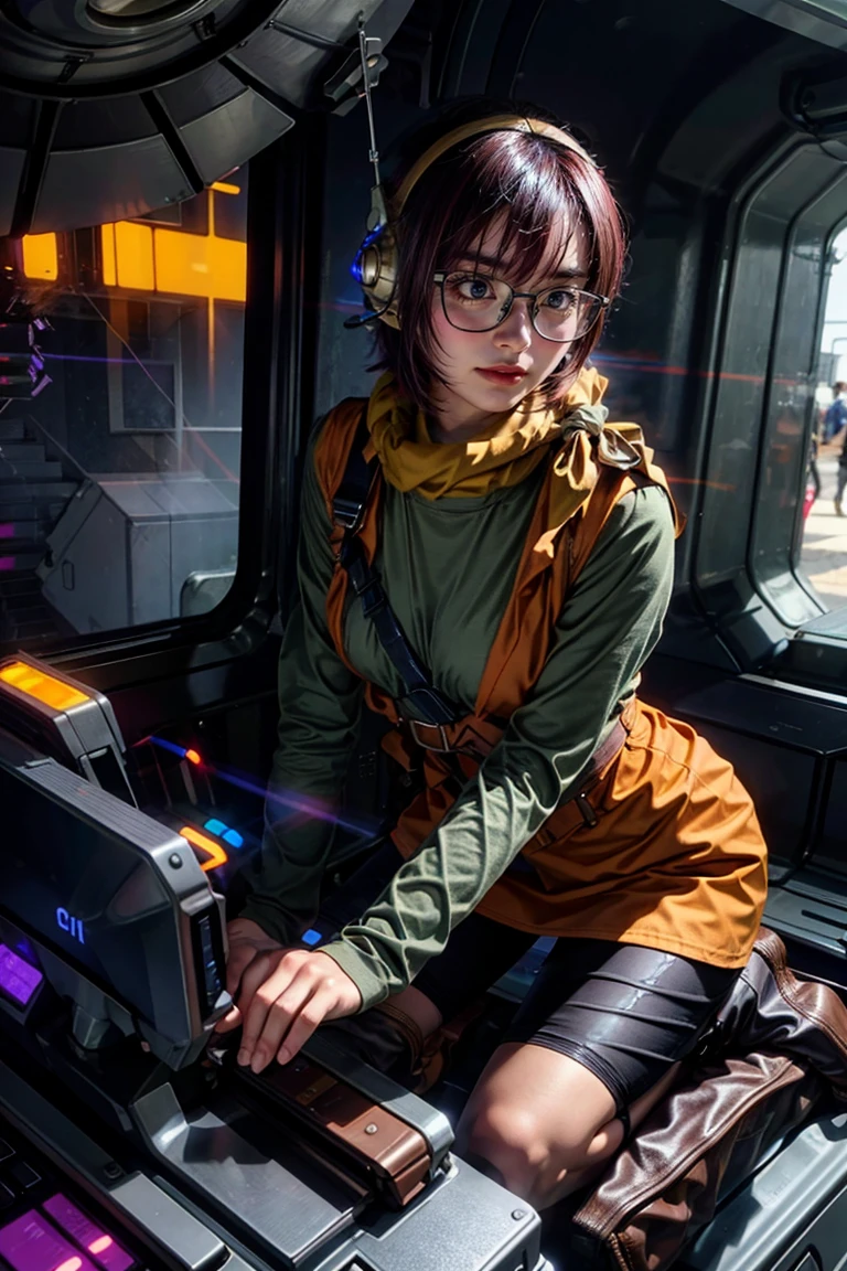 Lucca, (into a machine Cockpit:1.2), ultra delicate face and details eyes, ultra detailed, (realistic), (solo), young woman, (purple color short bob hair, blunt bangs), BREAK (glasses), mechanical antenna earmuffs, yellow scarf, (orange color clothes), (long sleeve), BREAK (black short leggings), (boots), BREAK best quality, absolutely resolution, masterpiece, RAW photo