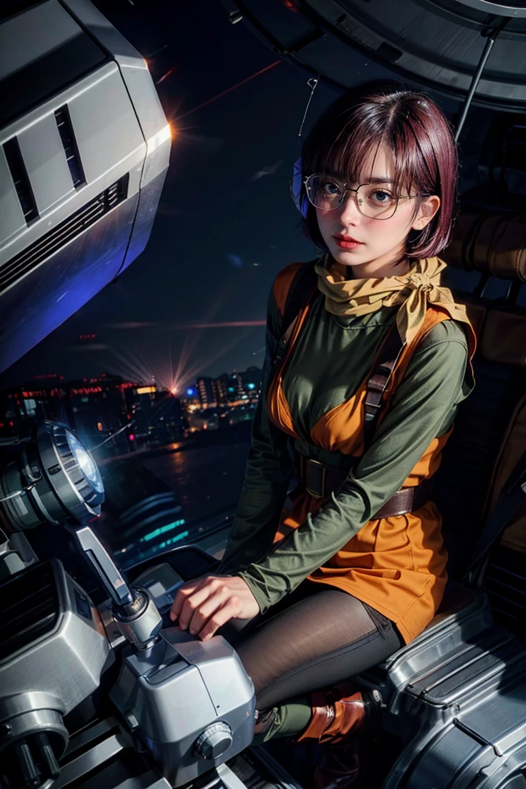 Lucca, (into a machine Cockpit:1.2), ultra delicate face and details eyes, ultra detailed, (realistic), (solo), young woman, (purple color short bob hair, blunt bangs), BREAK (glasses), mechanical antenna earmuffs, yellow scarf, (orange color clothes), (long sleeve), BREAK (black short leggings), (boots), BREAK best quality, absolutely resolution, masterpiece, RAW photo