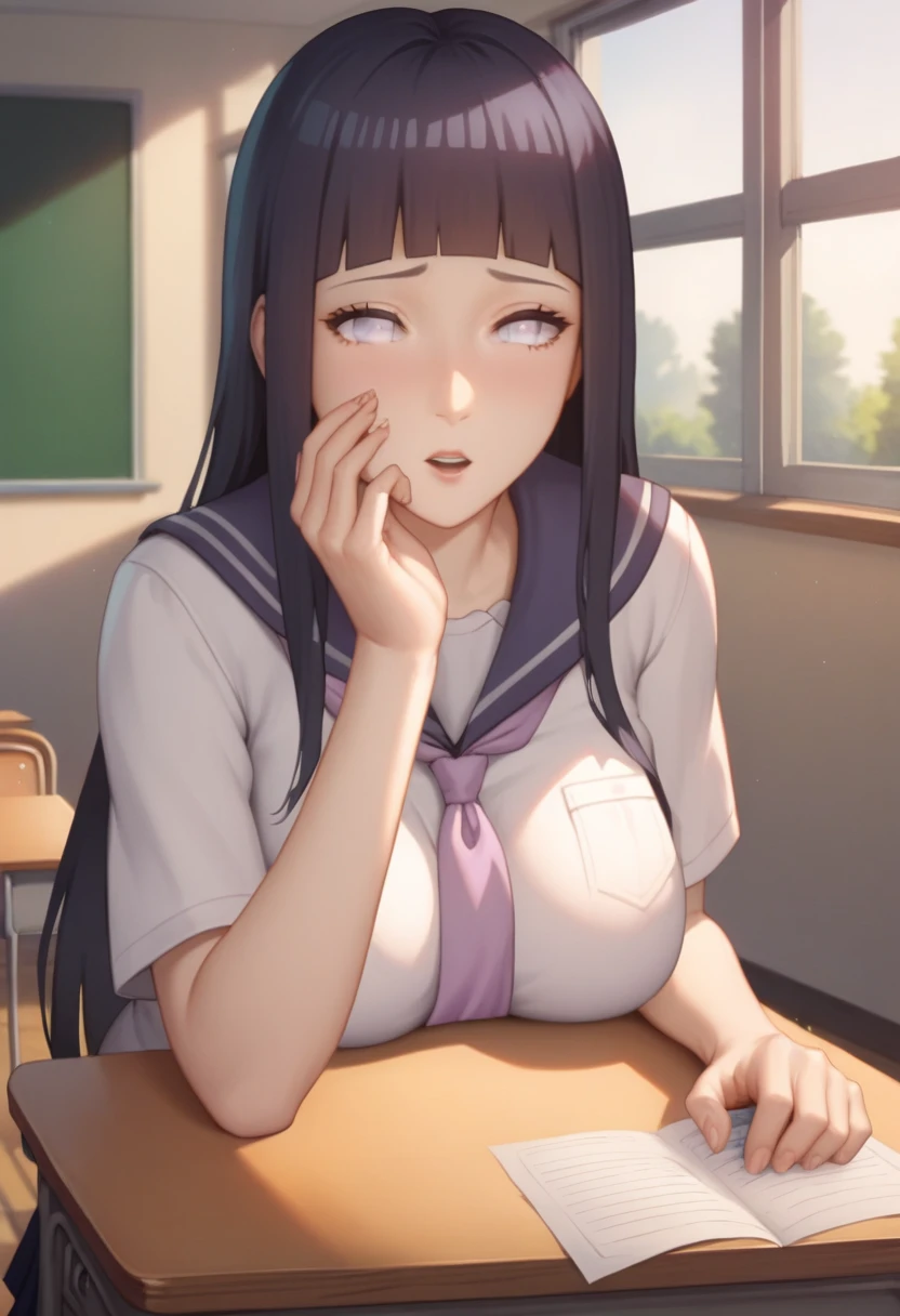 score_9,score_8_up,score_7_up, source_anime,hyuuga Hinata, long hair, with bangs, white eyes, in Classroom, school uniform, big breast, sitting in desk, innocent expresion, front view, natural hand, perfect body, perfect Classroom situation, 1 men , sex, penetration, in missonary position, in desk