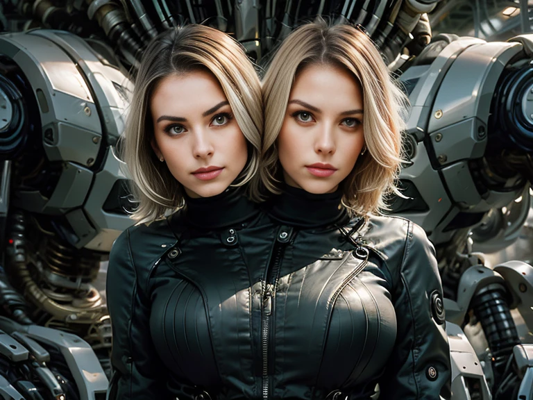 best resolution, ((2heads)), cyborg woman with two heads, medium cut, blonde hair, robot jacket, mechanical background