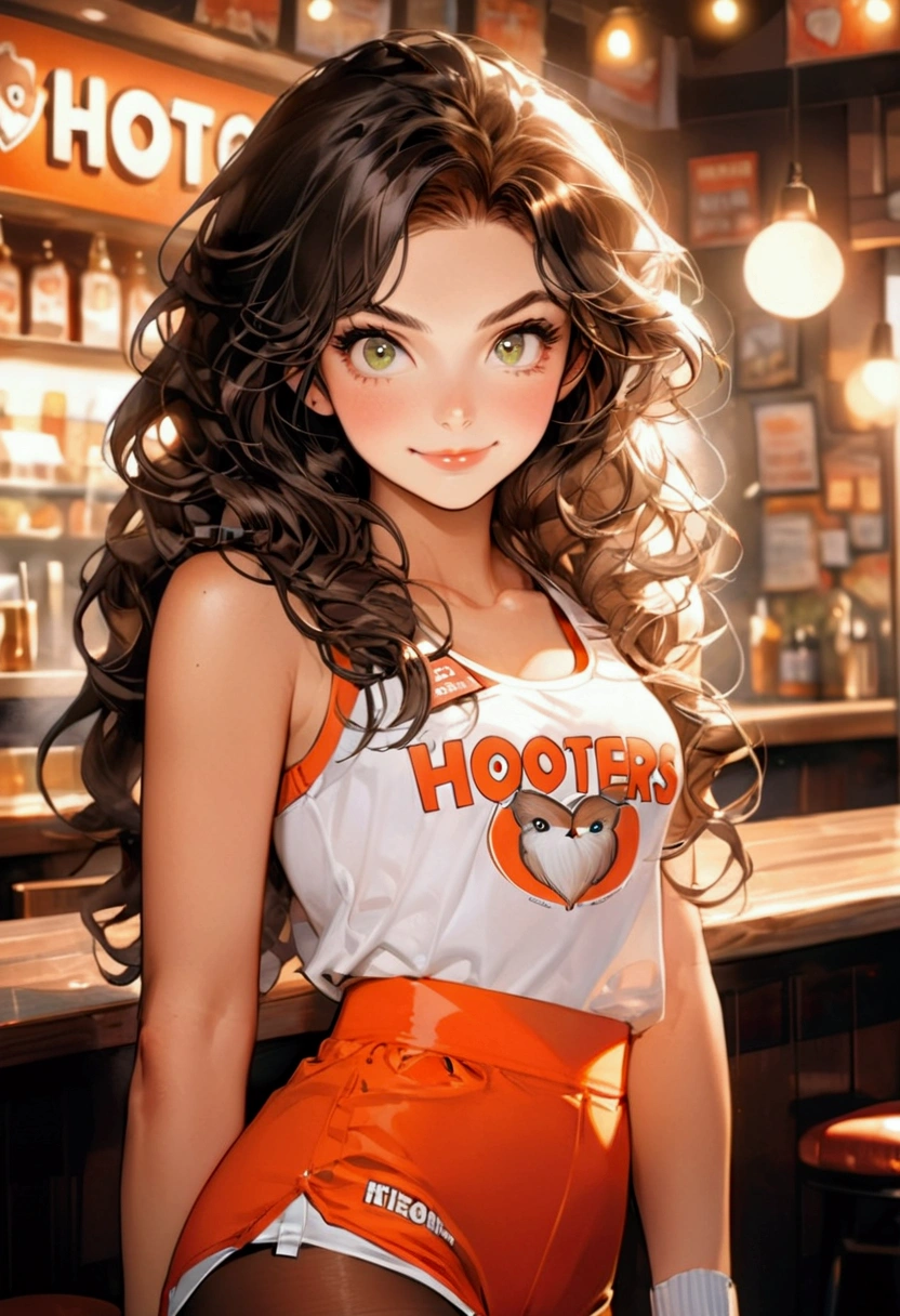 Illustrate a manga cover, Soft, diffused light with warm tones and low contrast Daria , 20 year old girl with a symmetrical face, high cheekbones, She has hazel green eyes framed by arched eyebrows, a straight, well-proportioned nose, and a fair, glowing complexion. Her long, wavy, dark brown hair cascades over her shoulders. She has an athletic, toned physique, confident and poised appearance, wearing a hooters uniform. fitted white tank top with the Hooters logo, high-waisted bright orange athletic shorts, sheer, transparent, tights, and white athletic sneakers with white socks. She also wears a name tag on the tank top, working at hooters restaurant, holding a glass of beer, Small smile, laughing.