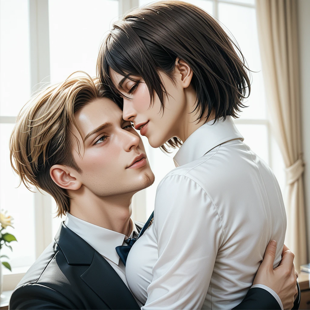 Boy and gilr couple sitting on a chair in a kitchen with a table, realistic, masterpiece, photograpy, best image quality, ultra detail, very detail, 8k, ultra realistic,